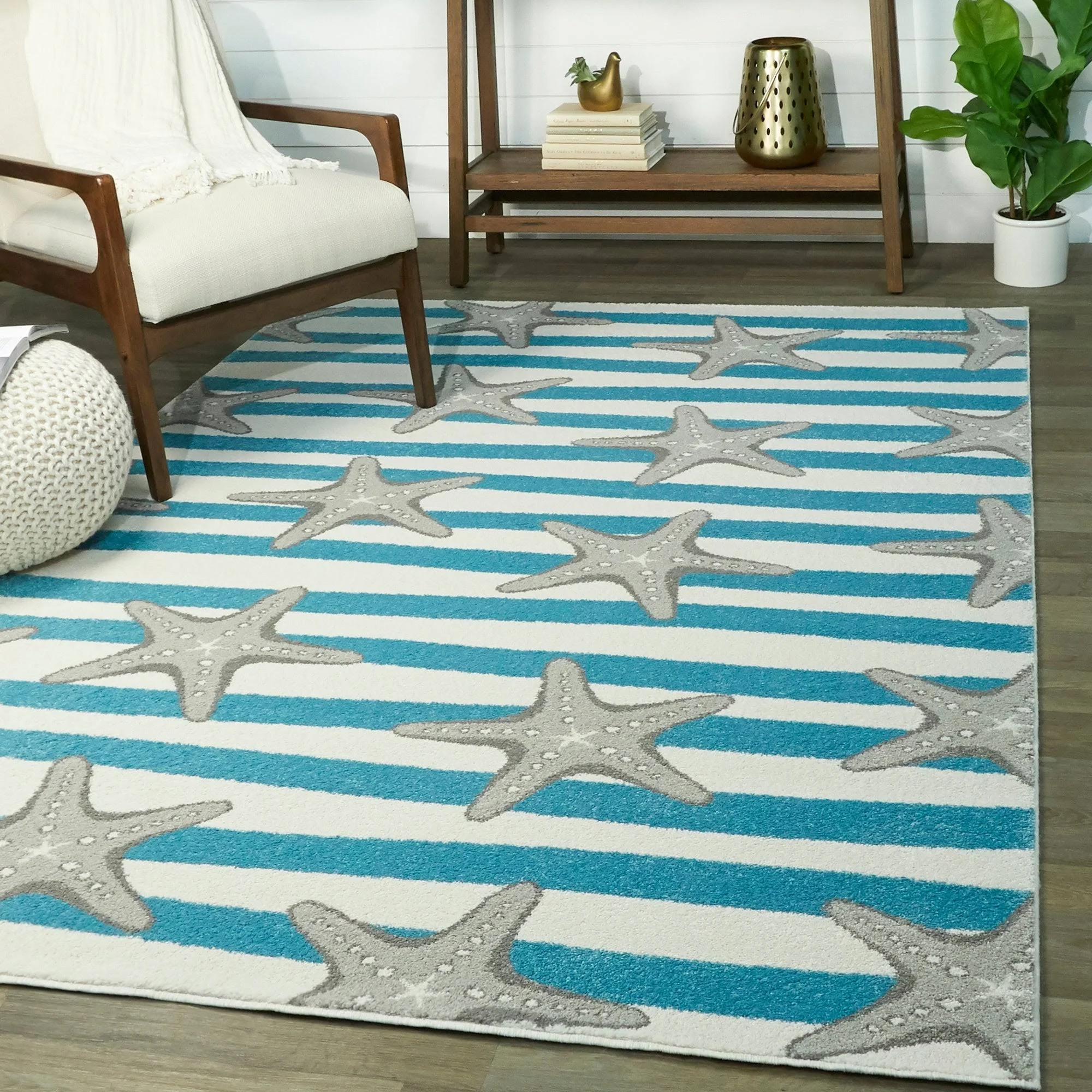 Sereia Starfish Coastal Striped Area Rug - 2&7x22 x 7& Runner - Teal/Grey