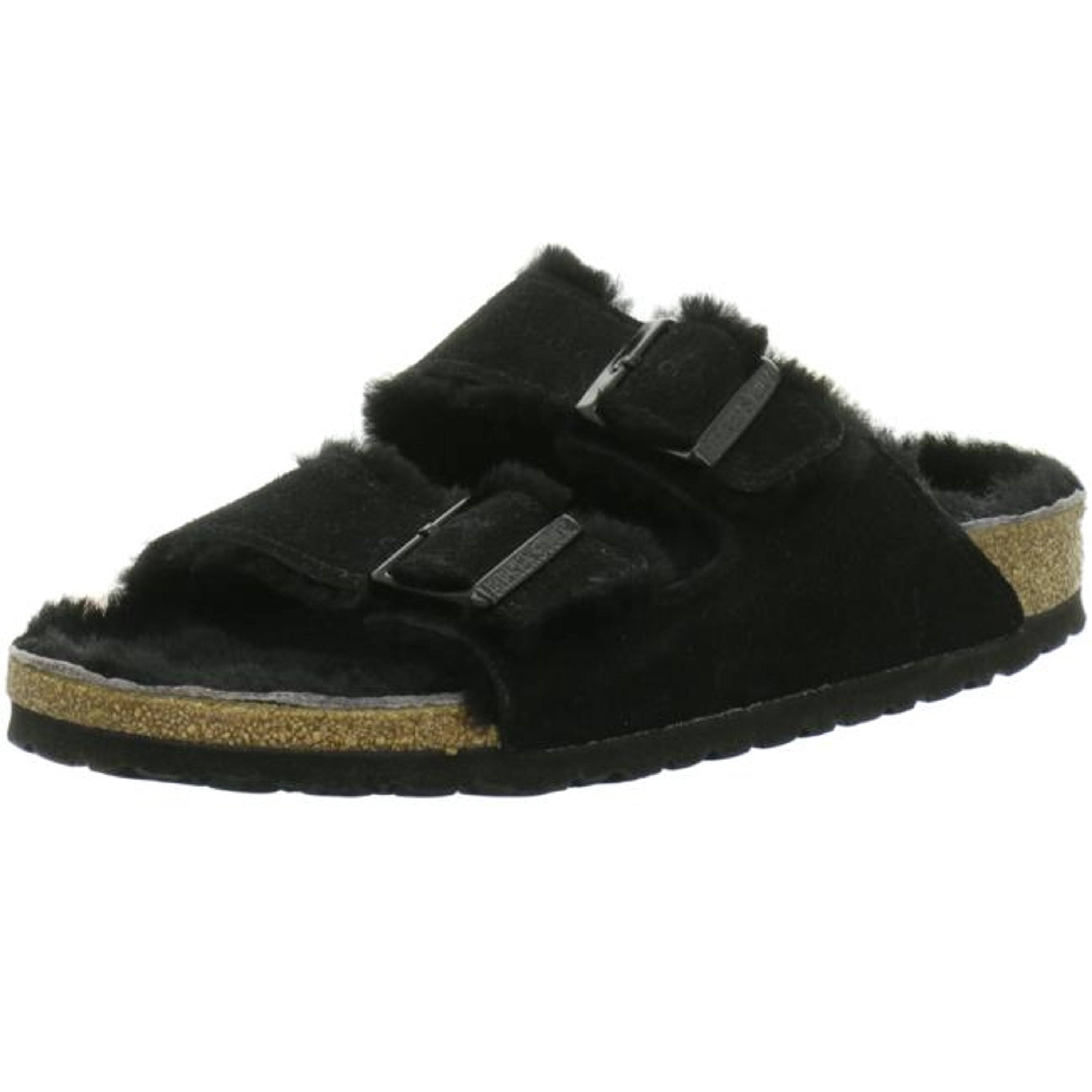 Birkenstock Arizona Suede Leather Black Shearling Two-Strap Sandals - Size 10