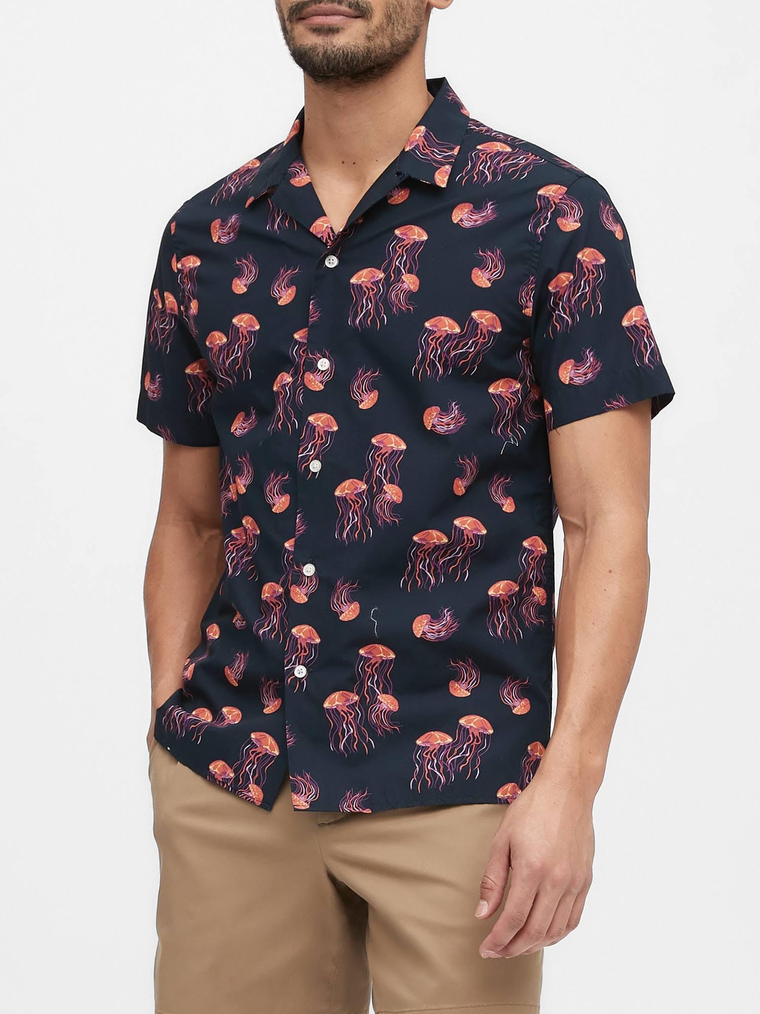 Banana Republic Men's Slim-Fit Luxe Poplin Resort Shirt Navy Jellyfish Print Size M