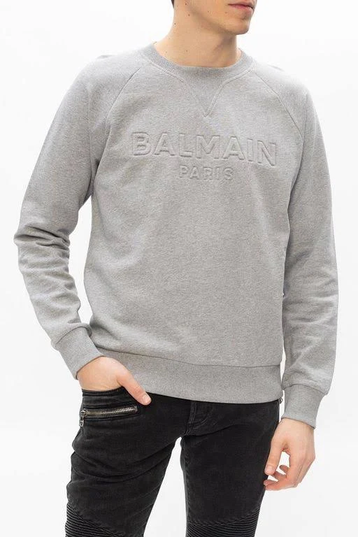 Balmain Mens Grey Logo-embossed Crewneck Cotton-jersey Sweatshirt S