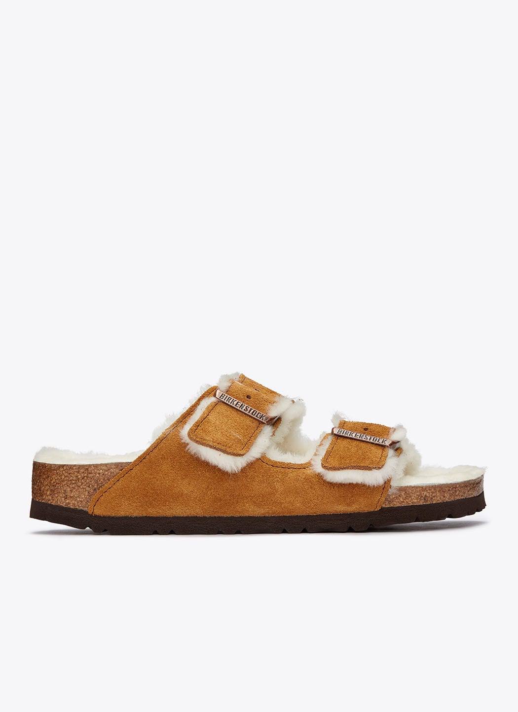 Birkenstock Arizona Suede Leather Mink Shearling Two-Strap Sandals - Size 8
