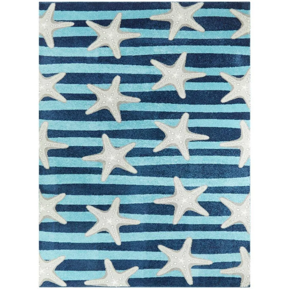 Balta Sereia Starfish Print Striped Teal/Navy 8 ft. x 10 ft. Area Rug