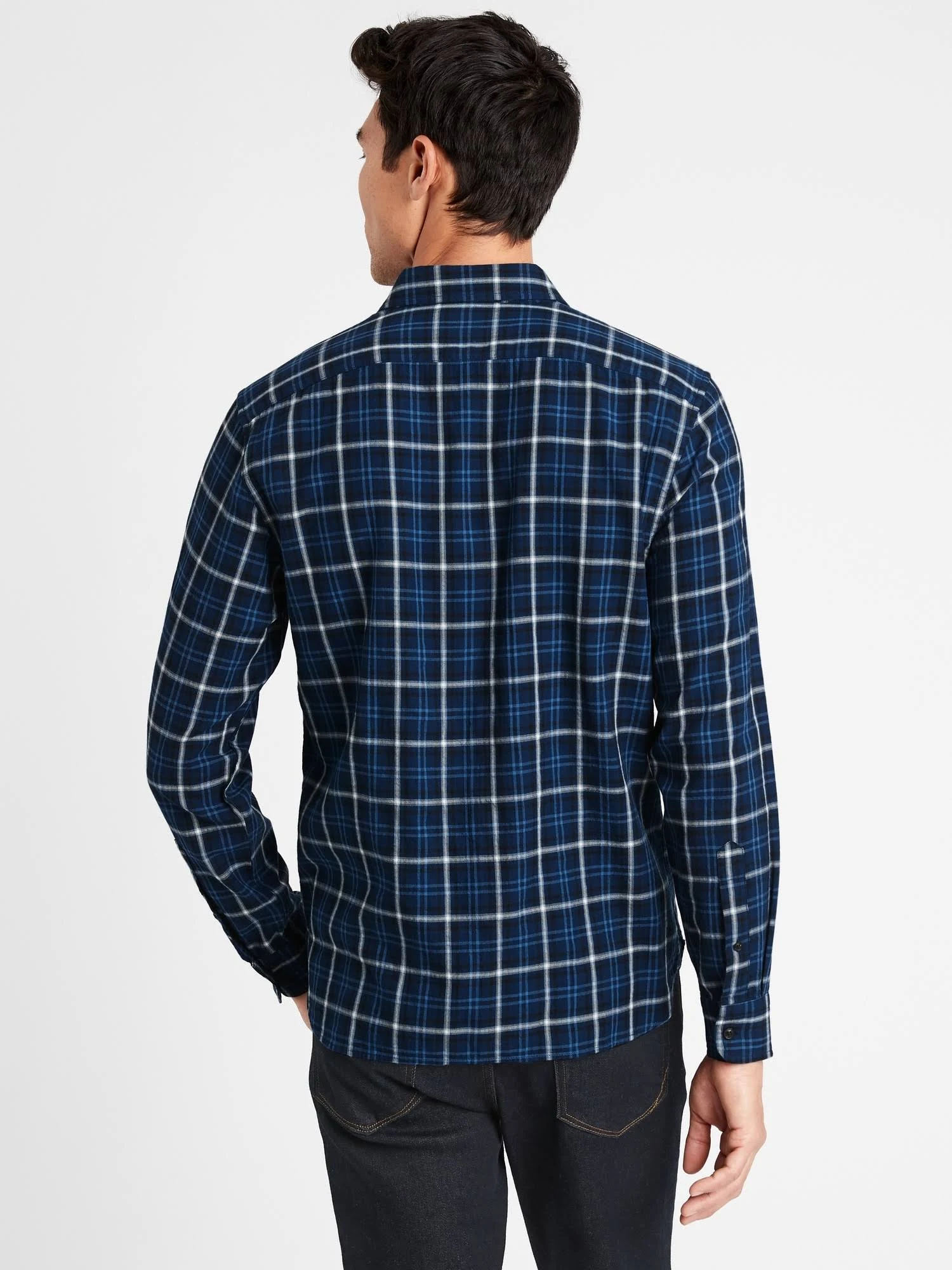 Banana Republic Men's Untucked Slim-Fit Crinkle Flannel Shirt Navy Plaid Size M
