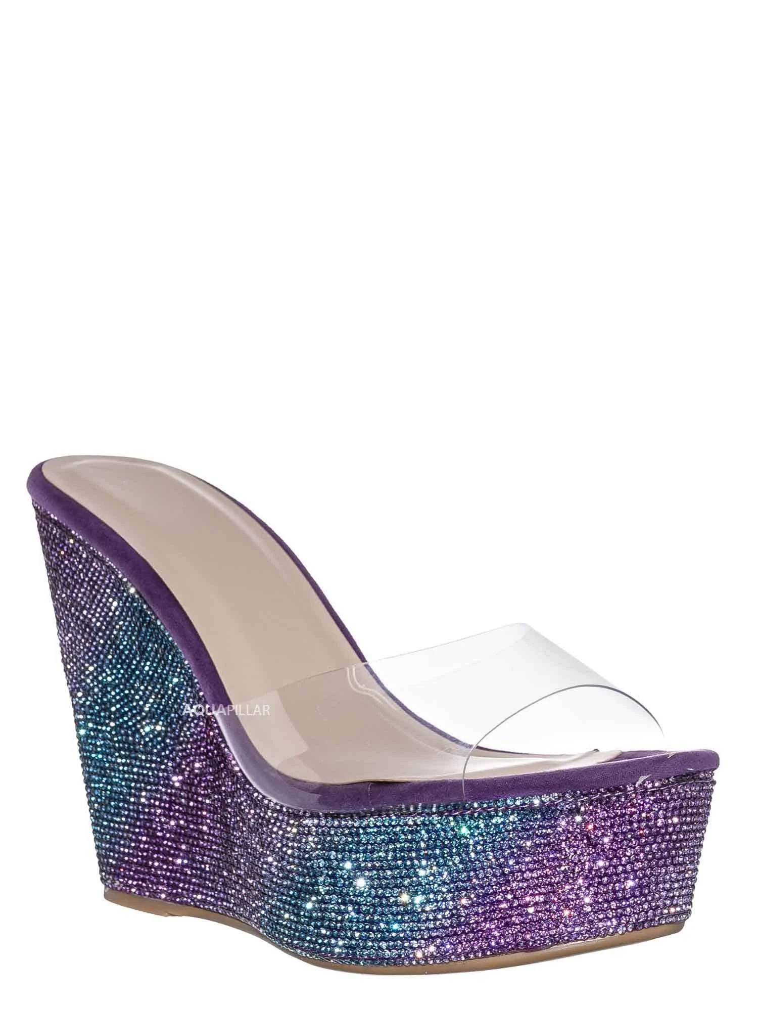 Bamboo Lucite Rhinestone Platform Wedge - Clear Transparent Slipper Sandal, Peach Purple