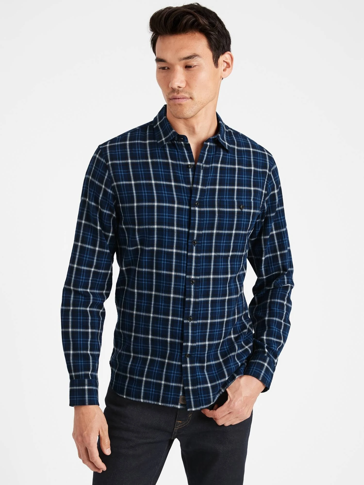 Banana Republic Men's Untucked Slim-Fit Crinkle Flannel Shirt Navy Plaid Size M