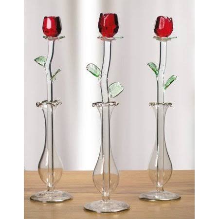 Cut Crystal Red Rose with Glass Vase - Set of 6 - 8 inch High