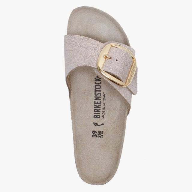 Birkenstock Madrid Big Buckle Washed Metallic Rose Gold Leather Mules