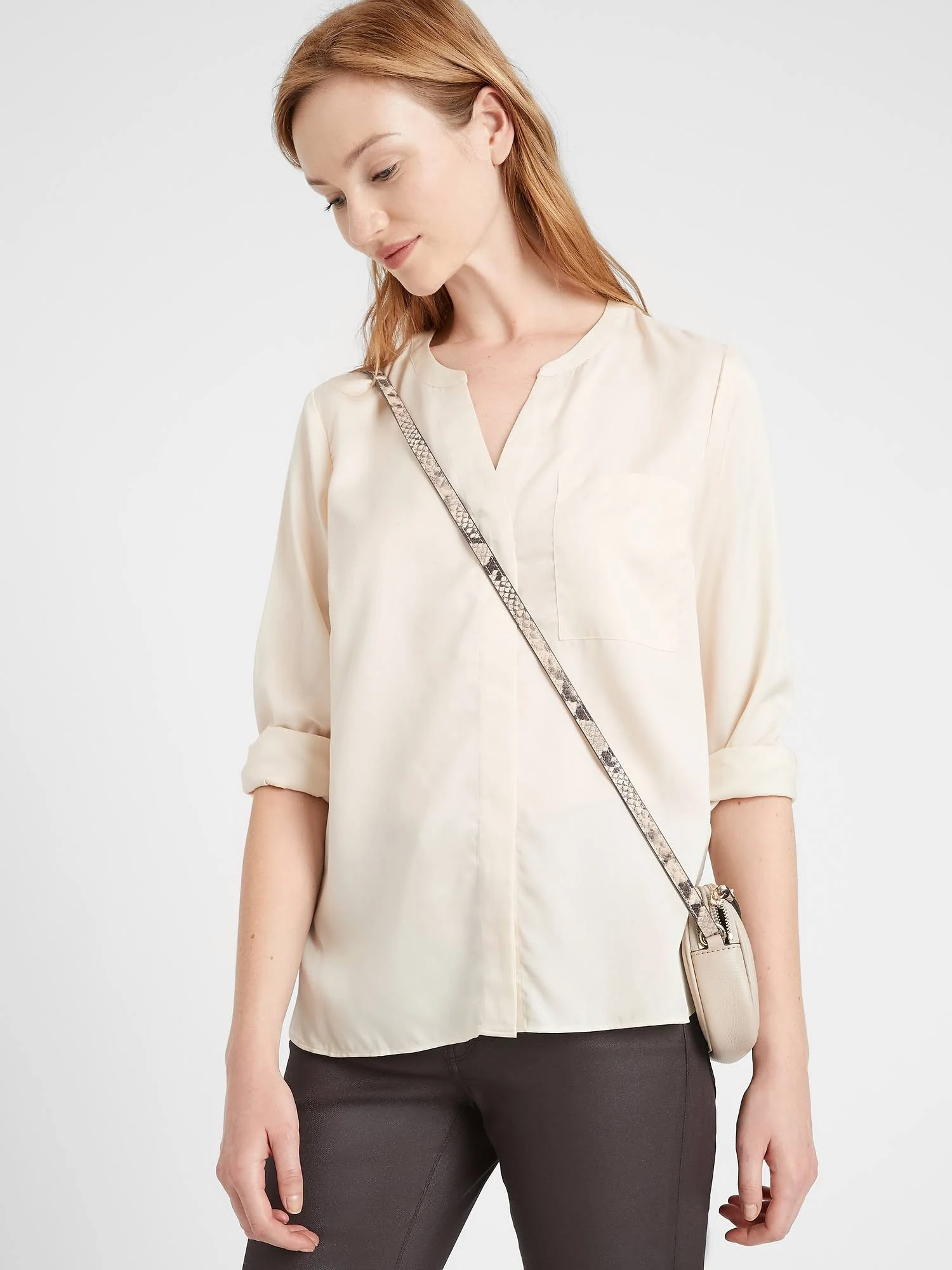 Banana Republic Women's Banded Collar Shirt Light Almond Beige Tall Size M