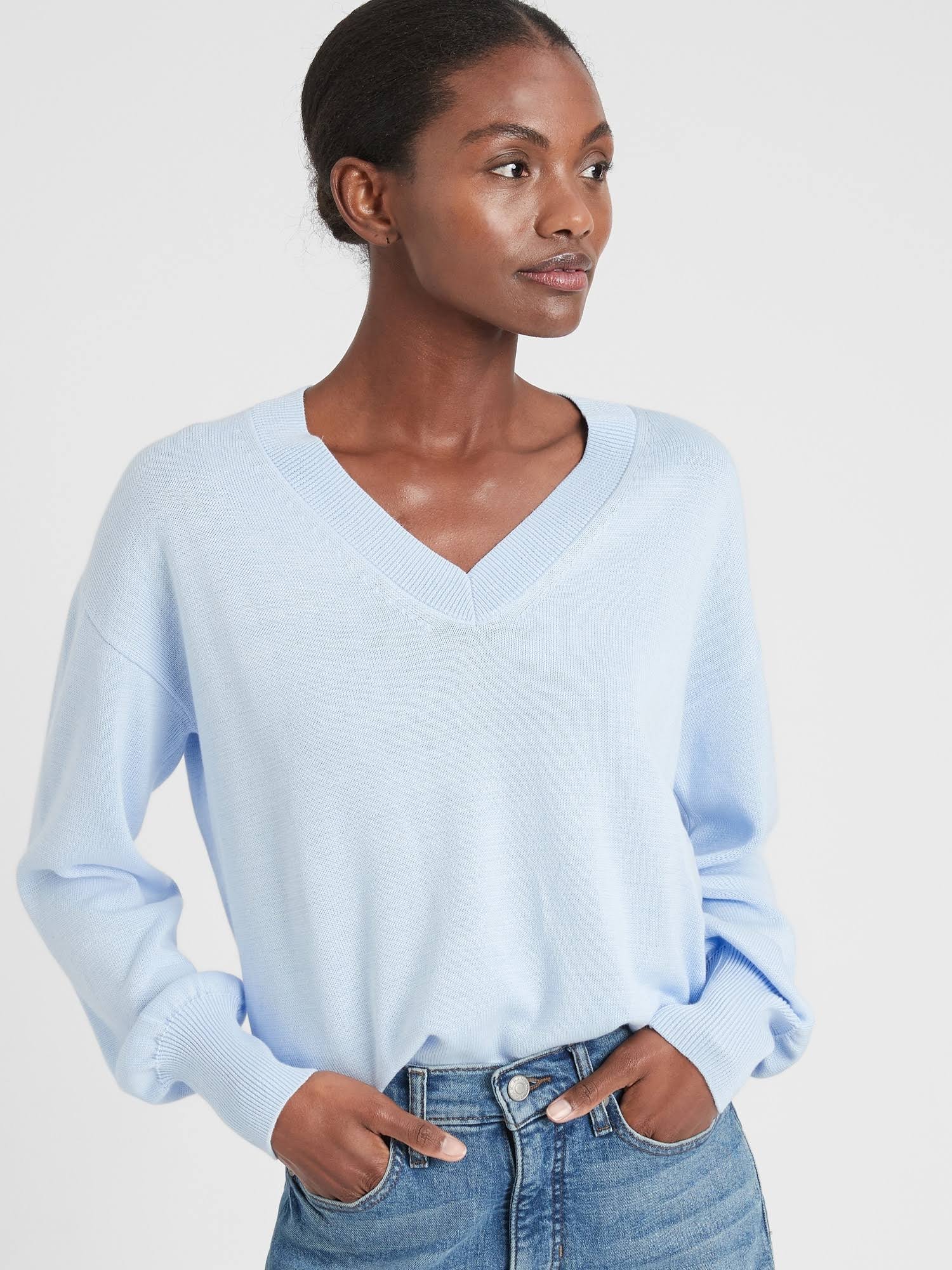 Women's Volume-Sleeve V-Neck Sweater Davenport Blue