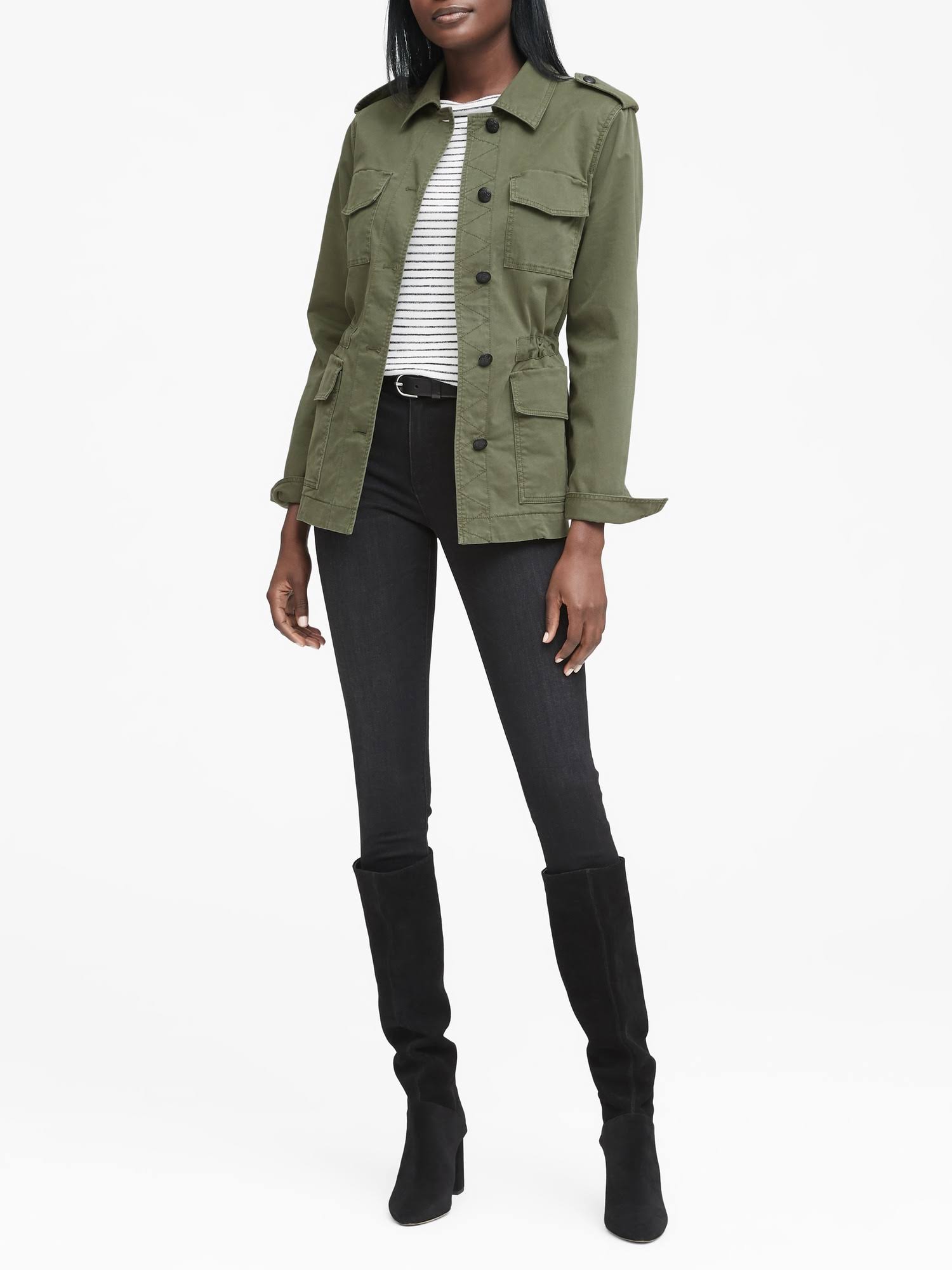 Banana Republic Women's Petite Twill Utility Jacket Deep Olive Green Petite Size S