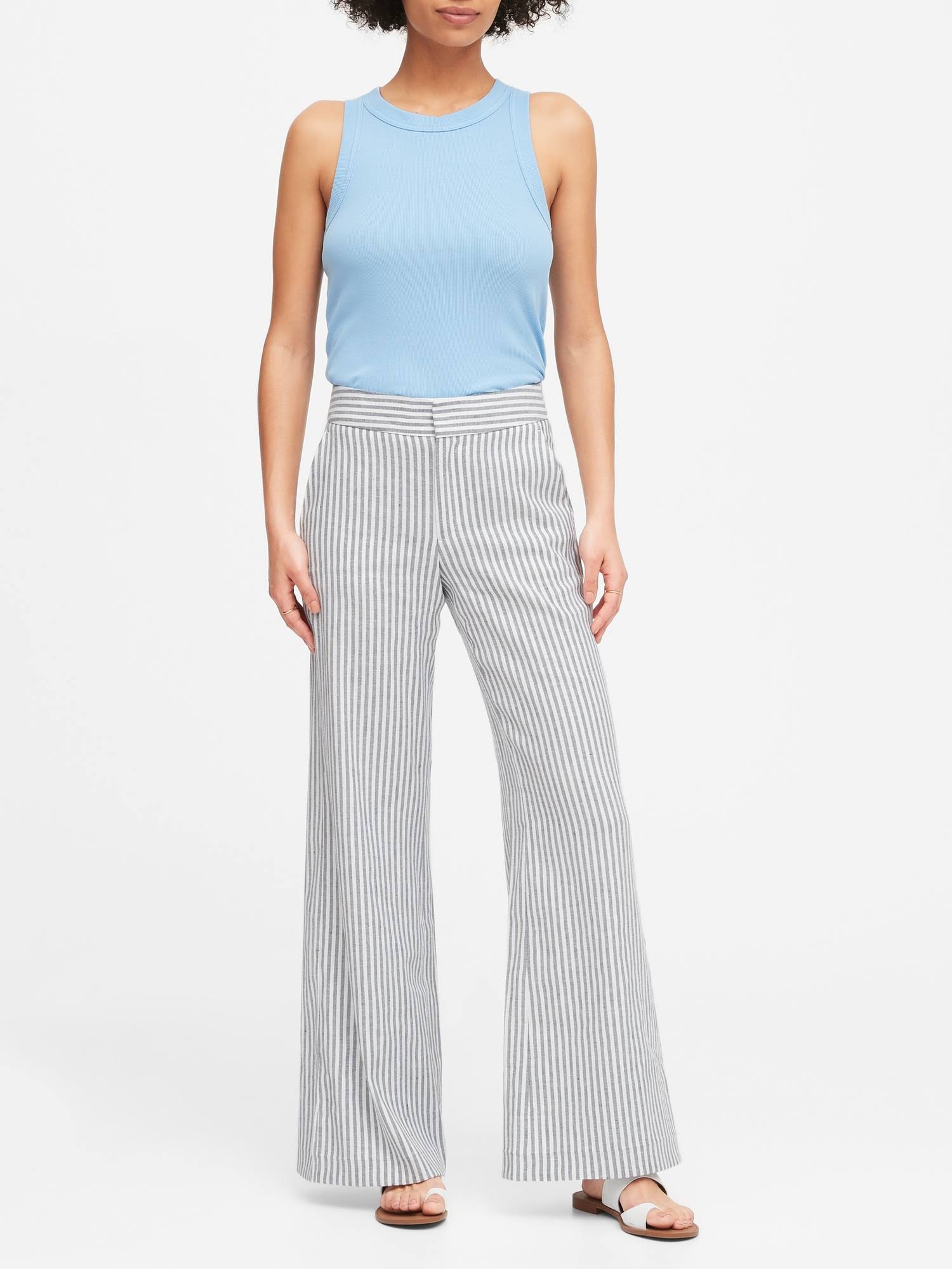 Banana Republic Women's High-Rise Wide-Leg Linen-Cotton Pant Navy Stripe Size 0 Regular