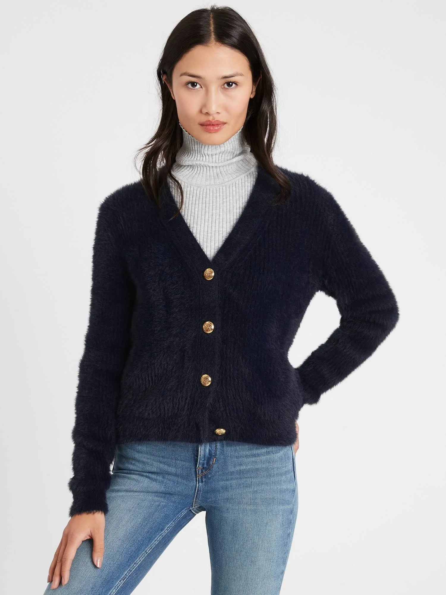 Banana Republic Women's Fuzzy Cropped Cardigan Sweater Navy Size XL