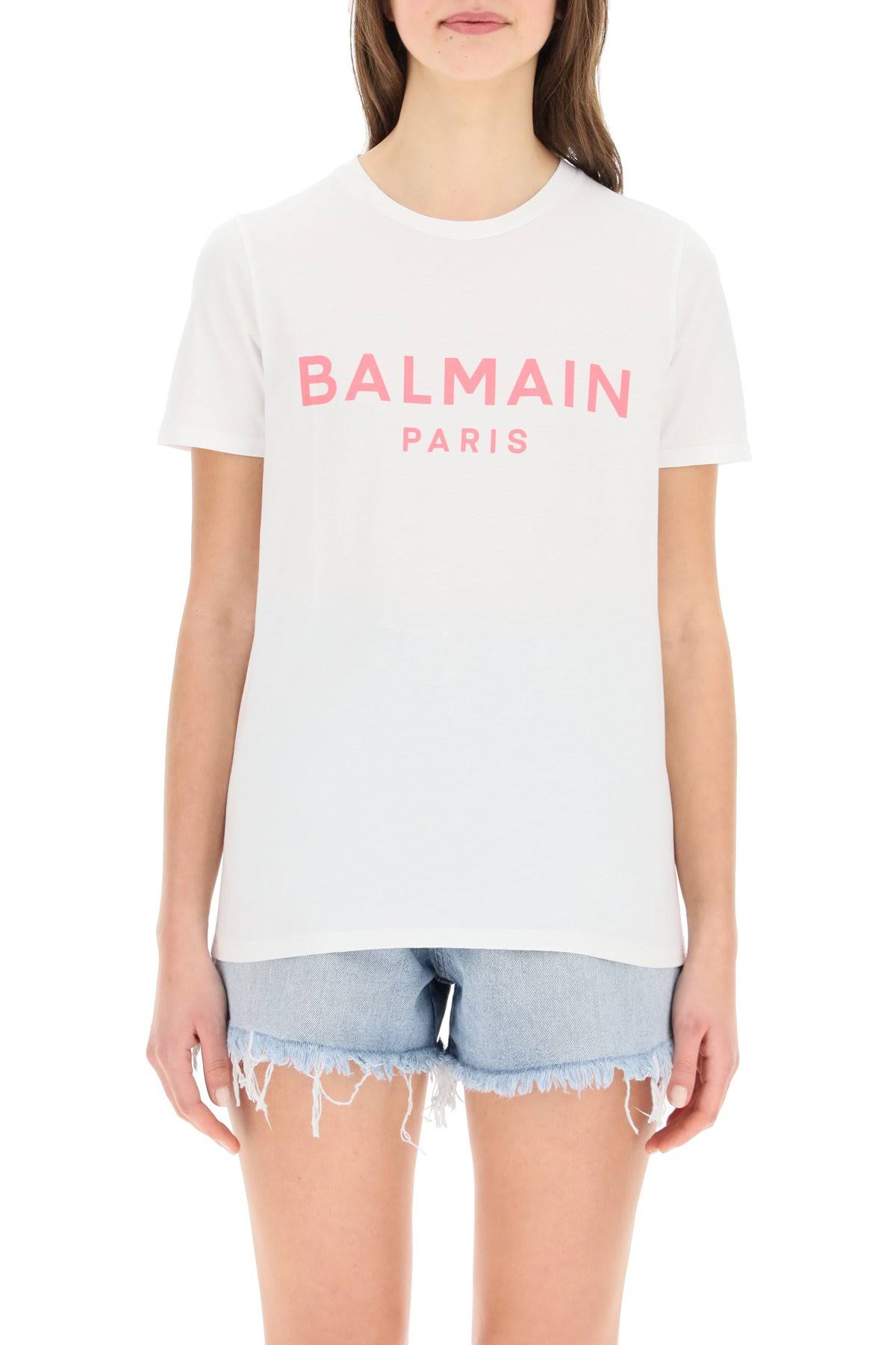 Balmain T-Shirt with Logo Print M White,Pink Cotton