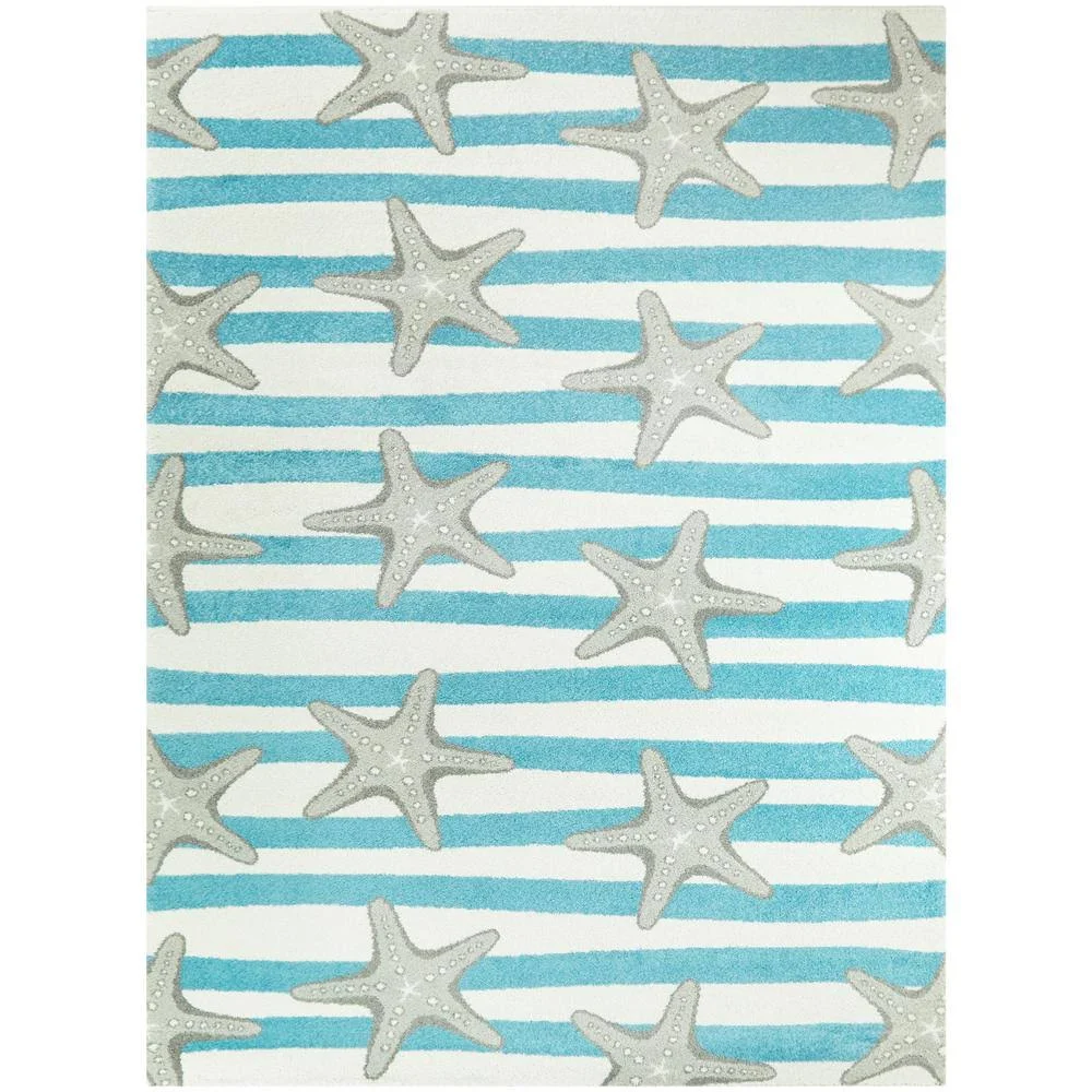 Balta Sereia Starfish Print Striped Teal/Grey 5 ft. x 7 ft. Area Rug
