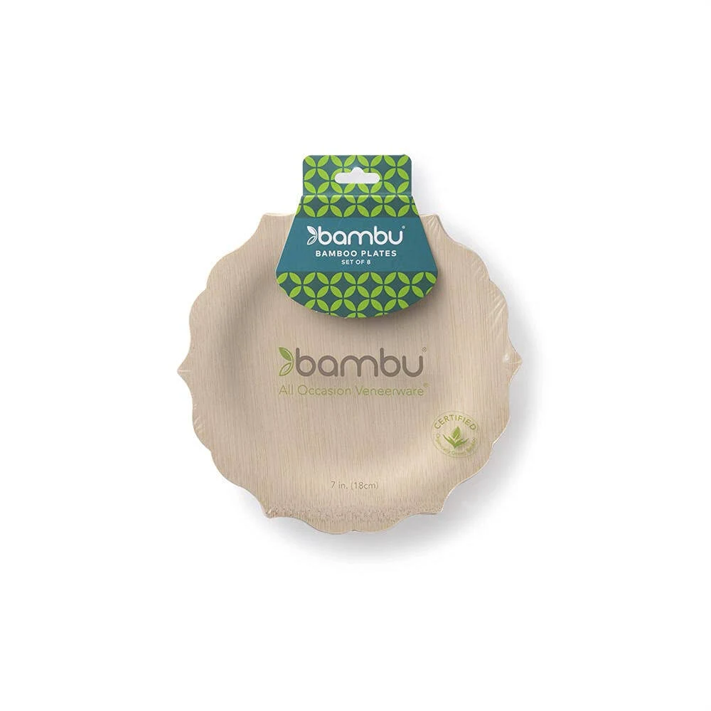 bambu, Veneerware Disposable Bamboo Fancy Plates, 100% Biodegradable Flat Tableware - 7 inch, Pack of 25, Other