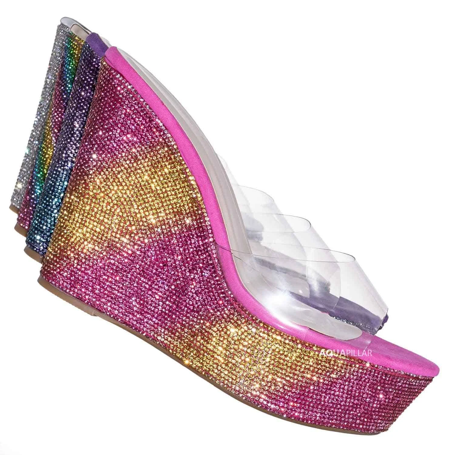 Bamboo Lucite Rhinestone Platform Wedge - Clear Transparent Slipper Sandal, Pink and Yellow