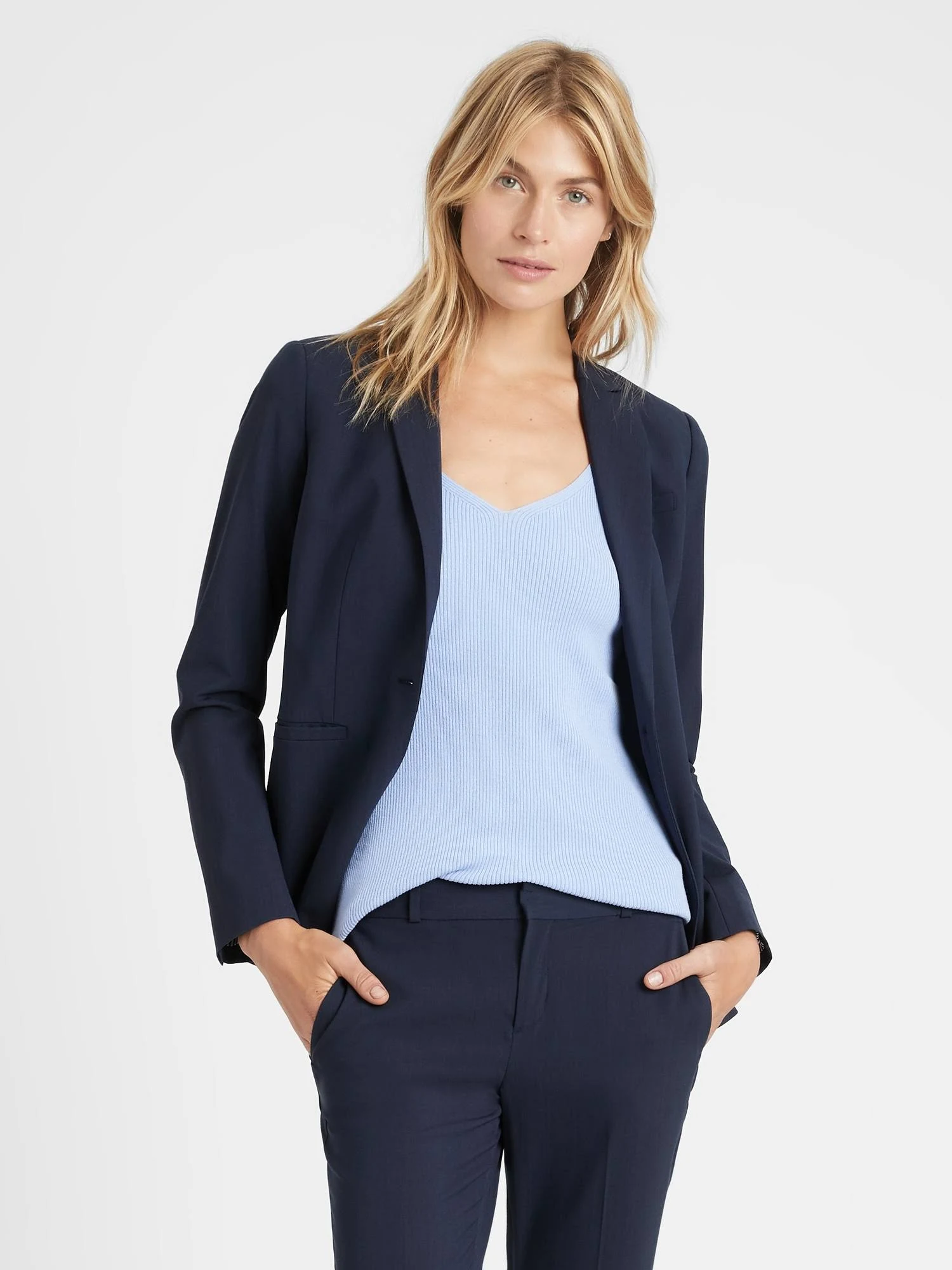 Banana Republic Women's Long & Lean-Fit Washable Wool-Blend Blazer Navy Blue Size 8