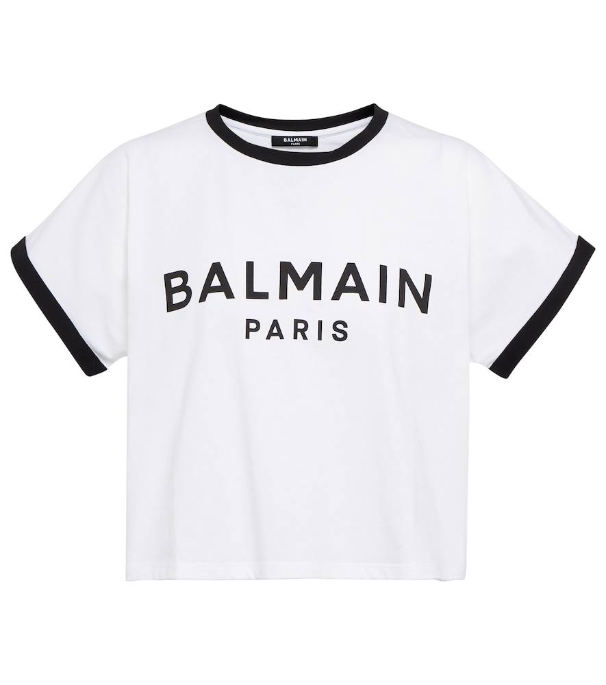 Balmain White & Black Cropped Flocked Logo T-Shirt