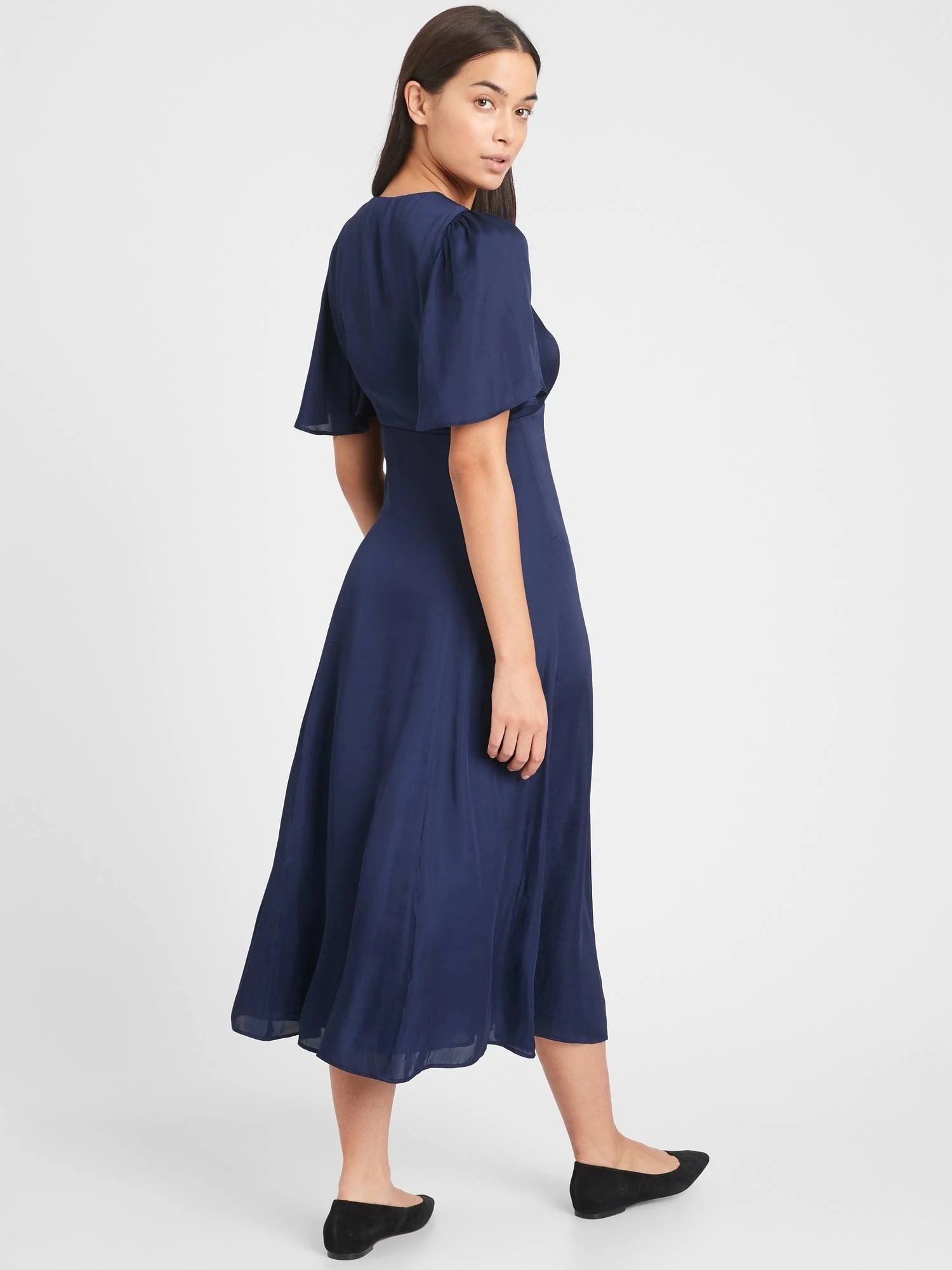 Banana Republic Women's Satin Flutter-Sleeve Midi Dress Night Flight Navy Size 0