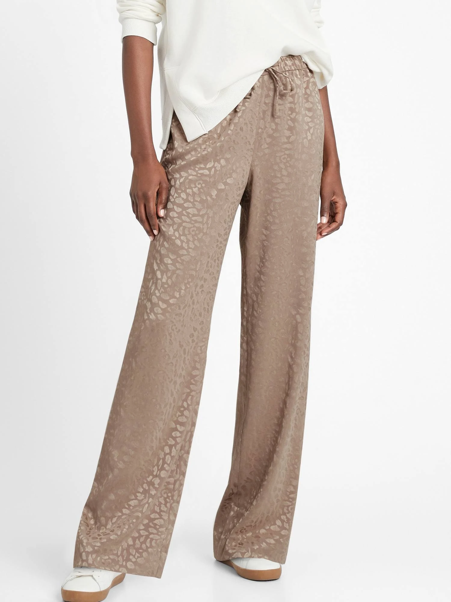 Banana Republic Women's Wide-Leg Satin Pull-On Pant Leopard Print Fresh Taupe Size XL