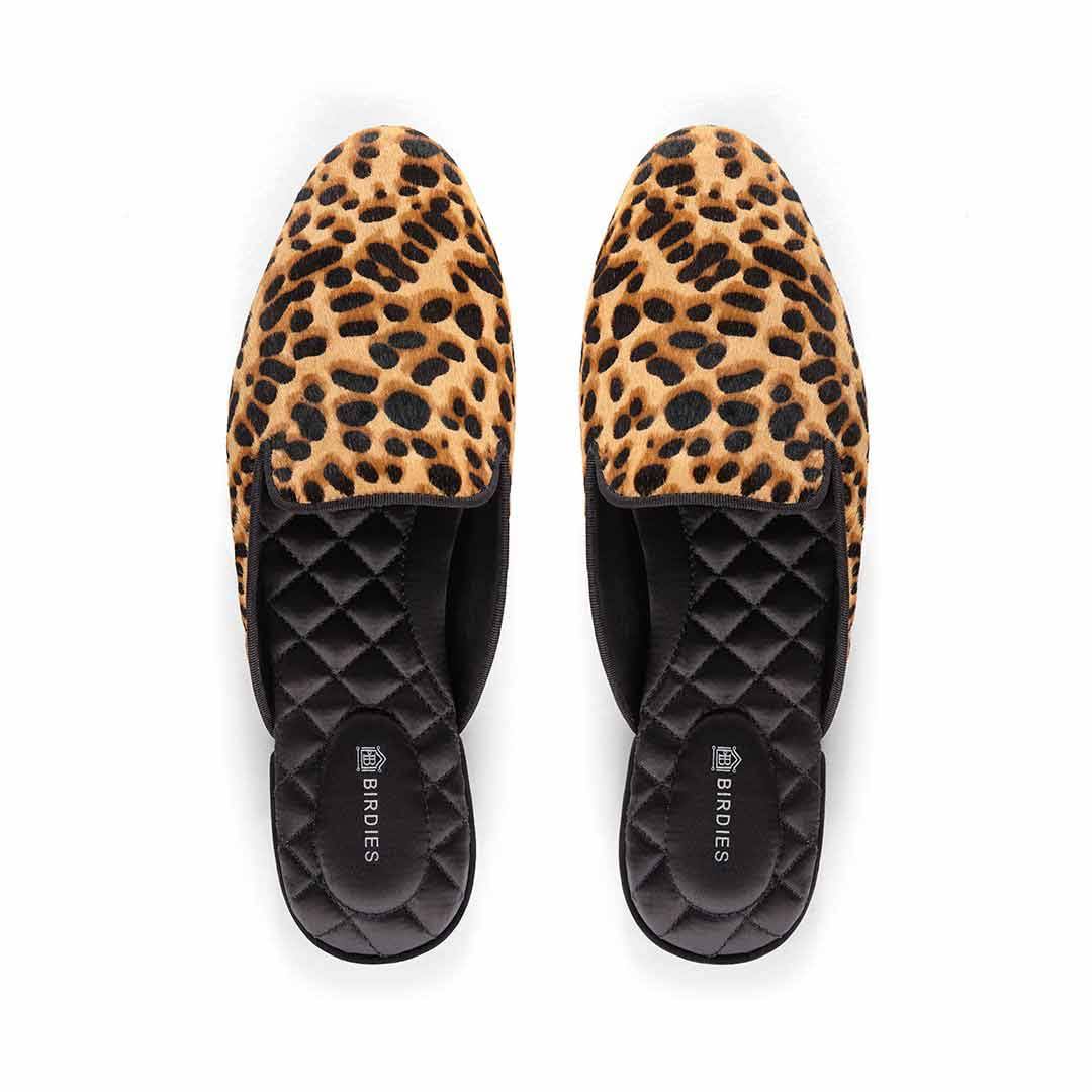 Birdies The Phoebe in Cheetah Calf Hair - Women's Comfortable Slides - Elevated Flat Mule Shoe Lined in Faux Fur with 7-Layers o