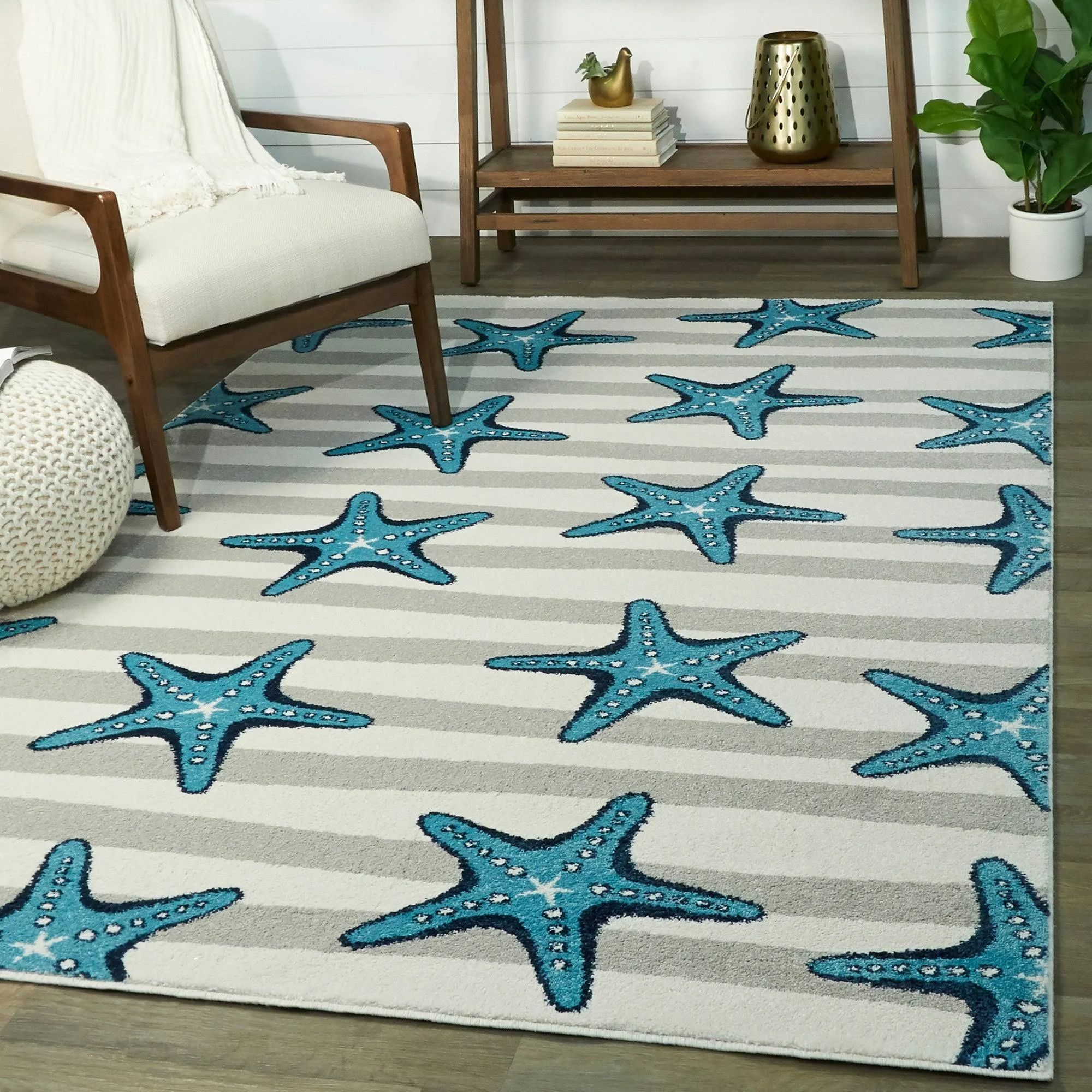 Balta Sereia Starfish Print Striped Grey/Teal 8 ft. x 10 ft. Area Rug