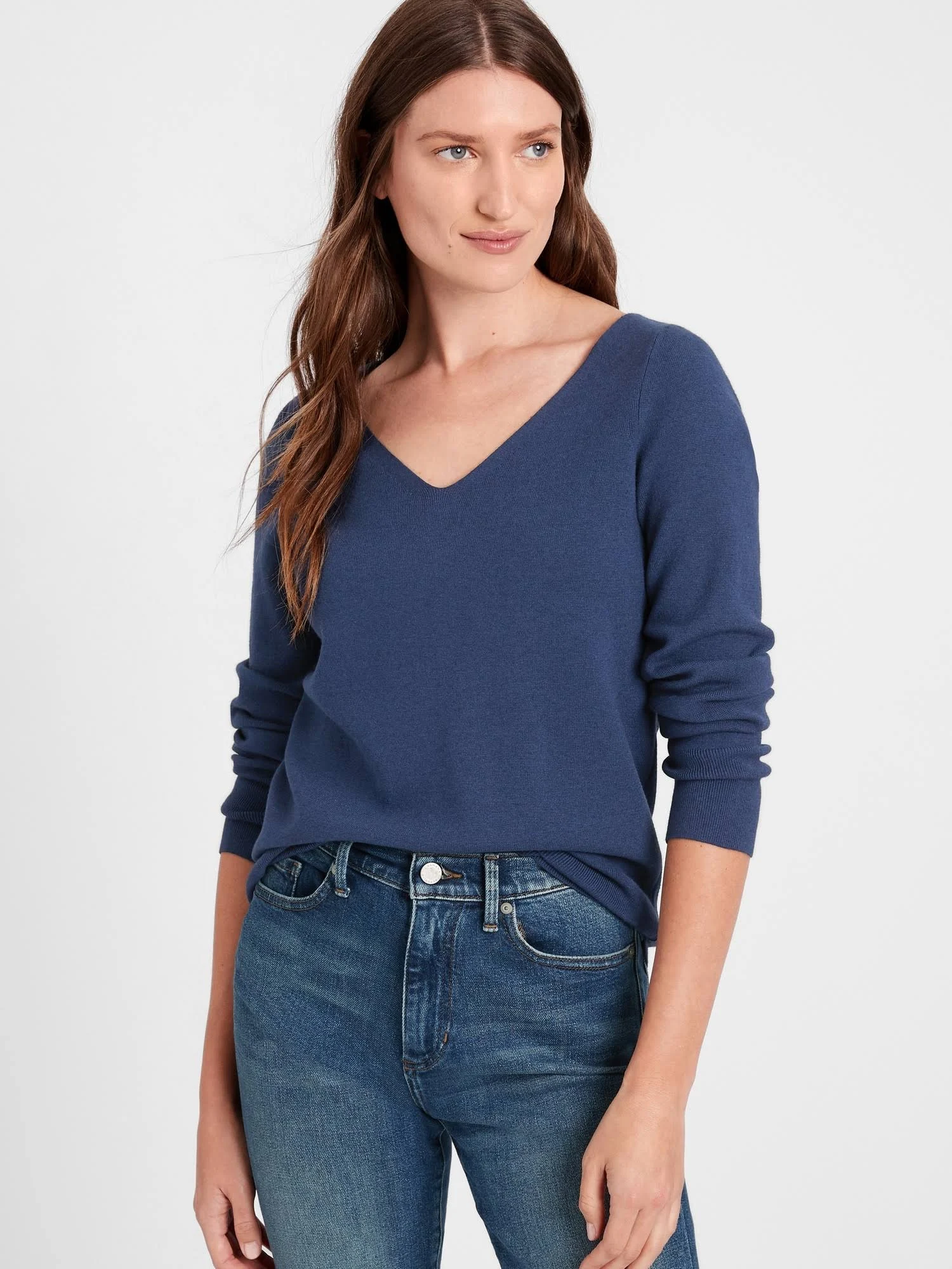 Banana Republic Women's Wide V-Neck Sweater Top Blue Raven Size Xs