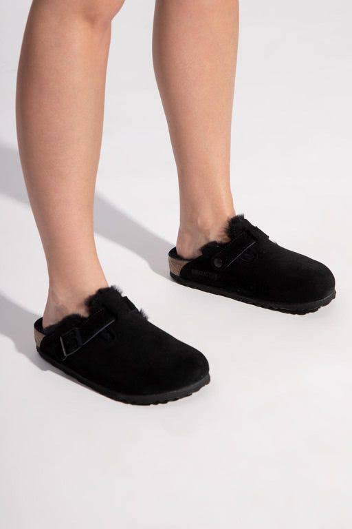 Birkenstock Boston Suede Leather Black Shearling Clogs