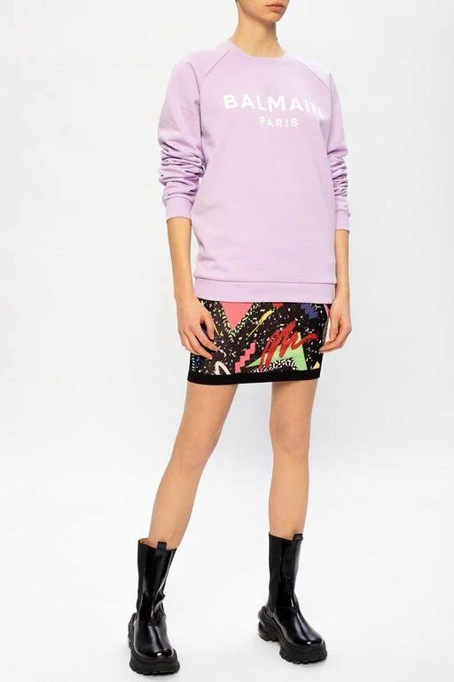 Balmain Flocked Logo Cotton Sweatshirt - Purple - Sweatshirts