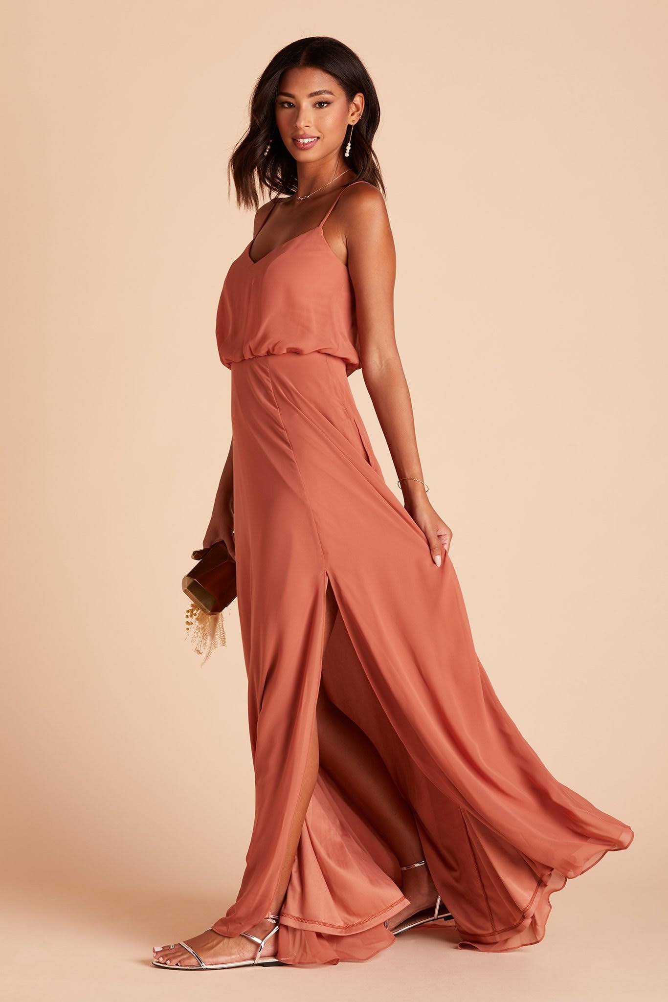 Birdy Grey Gwennie Chiffon Bridesmaid Dress in Terracotta S / Terracotta / No Slit