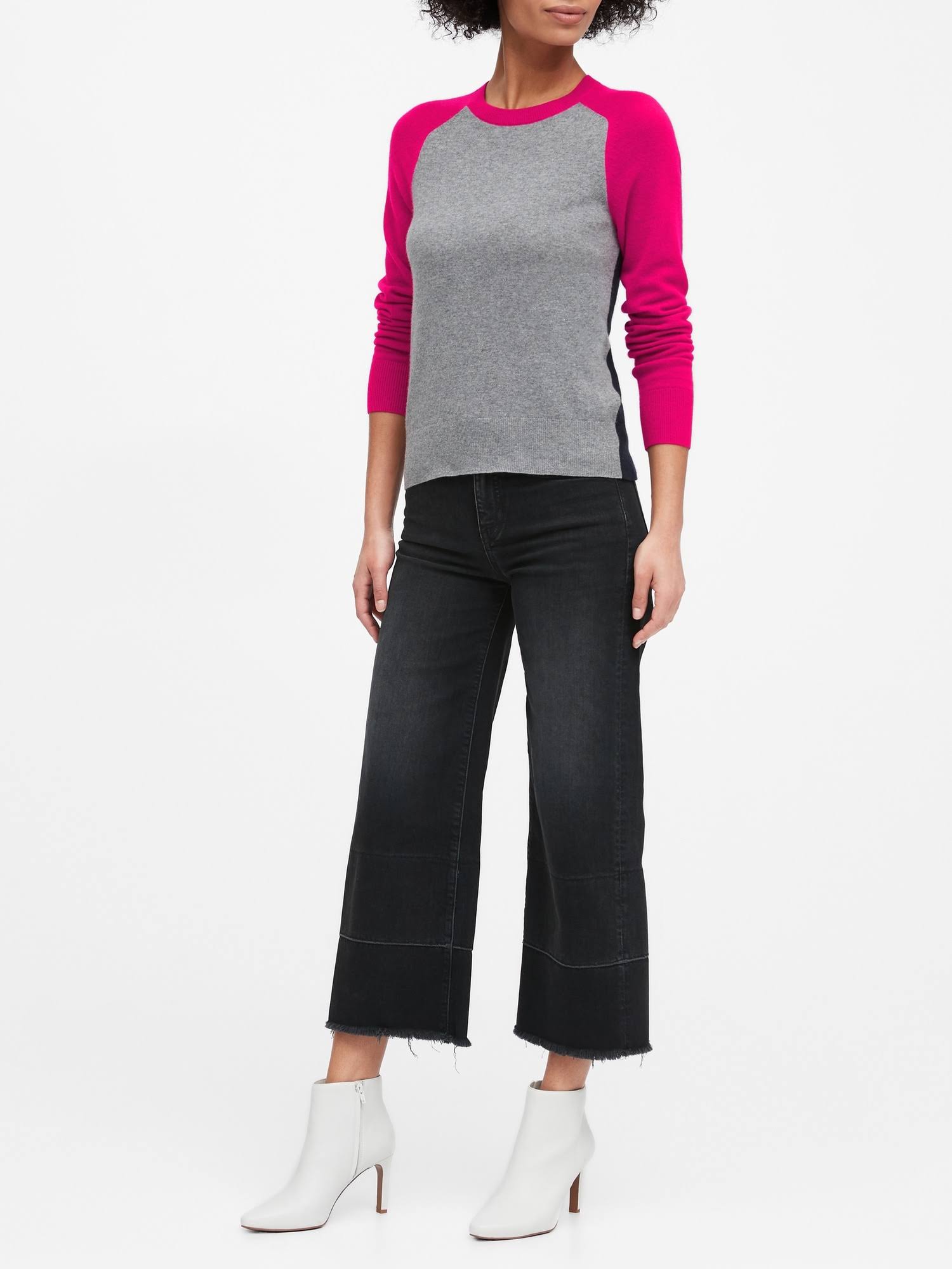 Banana Republic Women's Italian Merino-Blend Raglan Sweater Heather Gray, Hot Pink & Navy Size XS