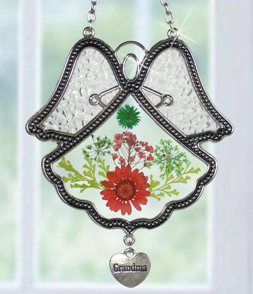 BANBERRY Designs Grandmother Angel Sun Catcher - Pressed Flowers in Glass Angel Shaped Suncatcher with Silver Heart Grandma