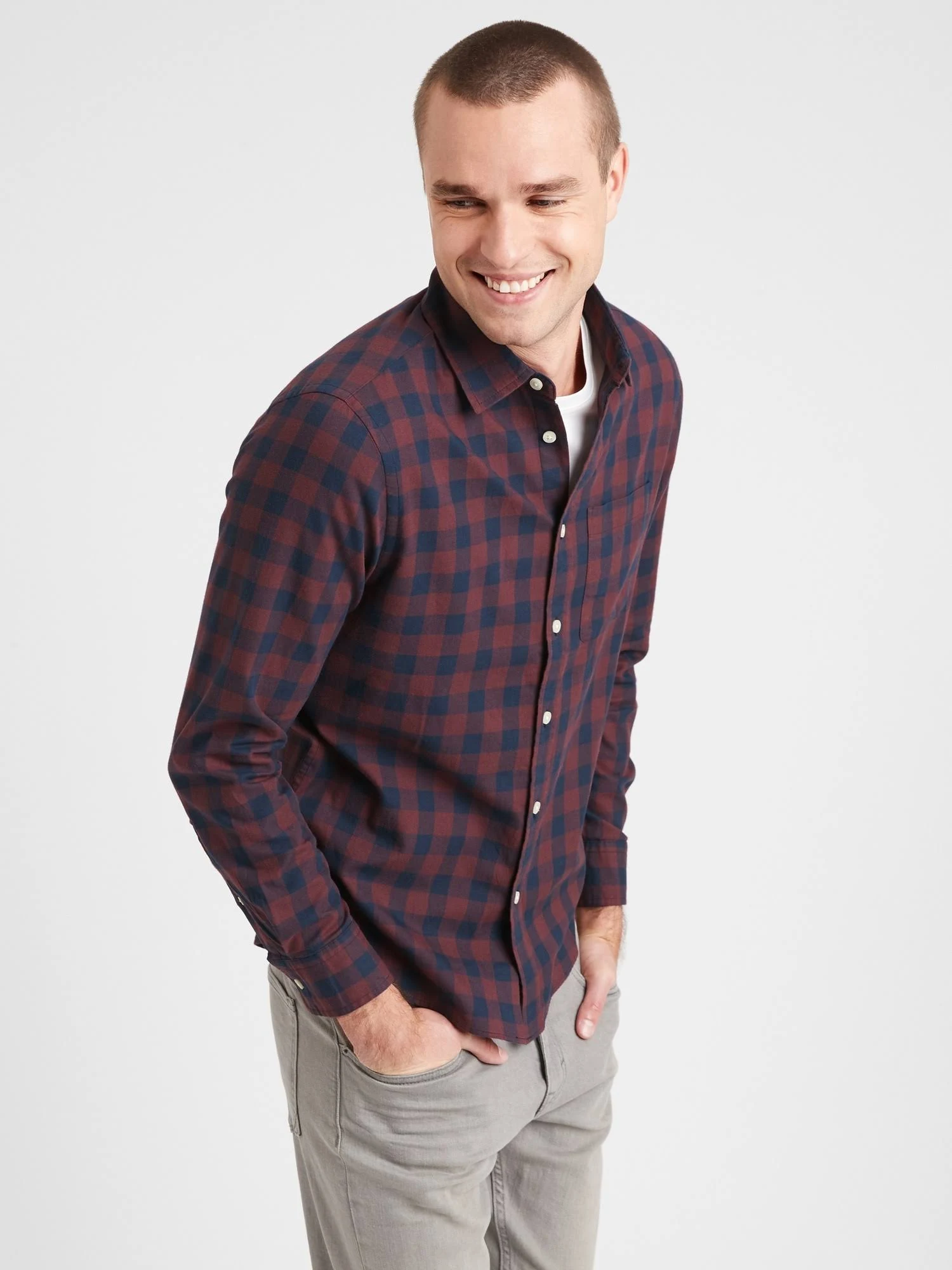 Men's Slim-Fit Untucked Flannel Shirt Navy Blue Plaid