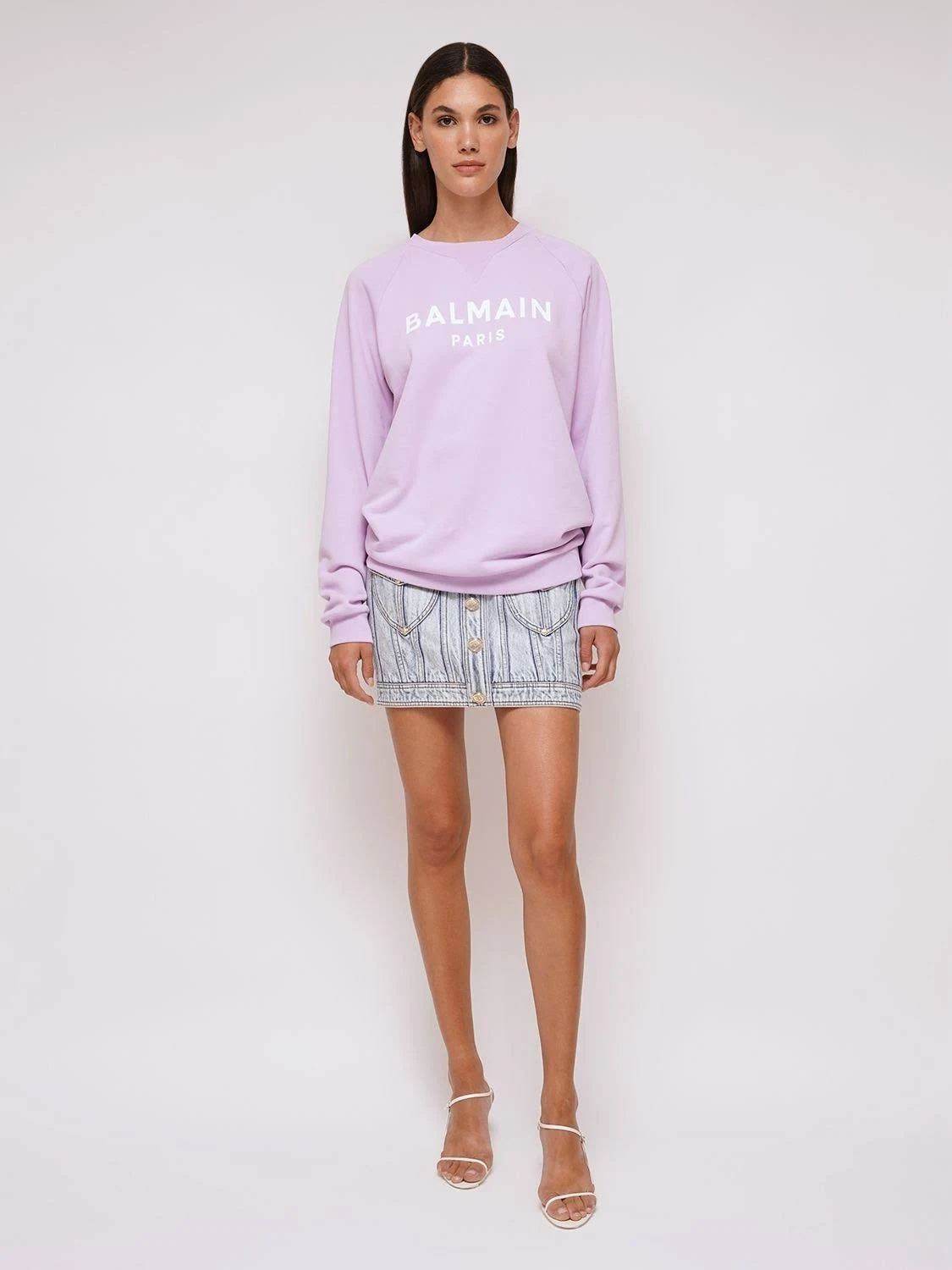 Balmain | Women Flocked Logo Cotton Sweatshirt Lilac/white Xxs