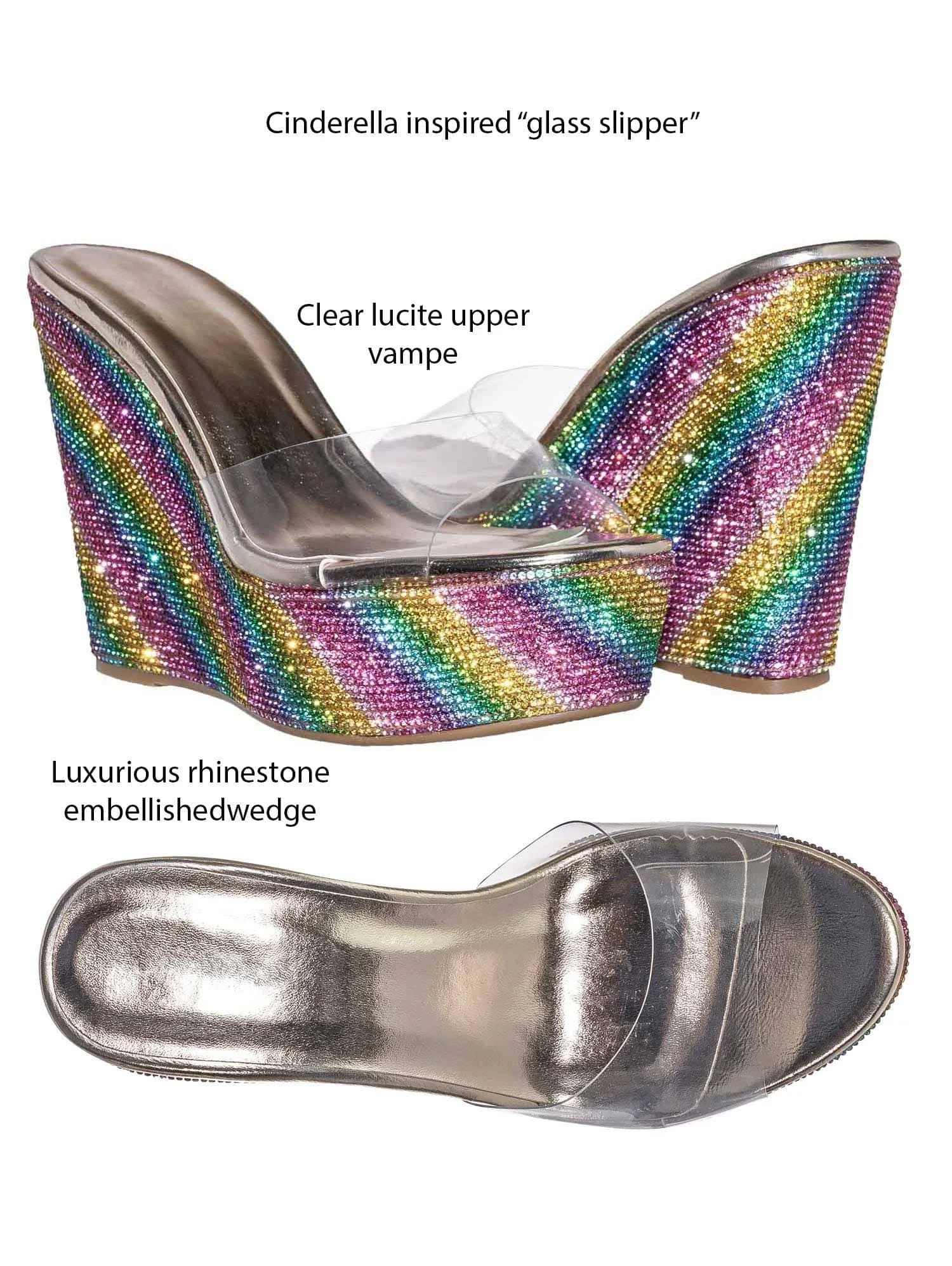 Bamboo Lucite Rhinestone Platform Wedge - Clear Transparent Slipper Sandal, Rainbow