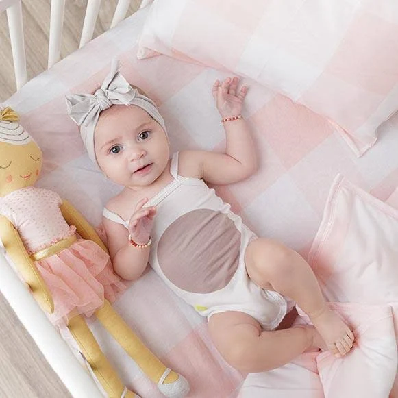 Four Piece Baby Crib Set - Pink Gingham Design