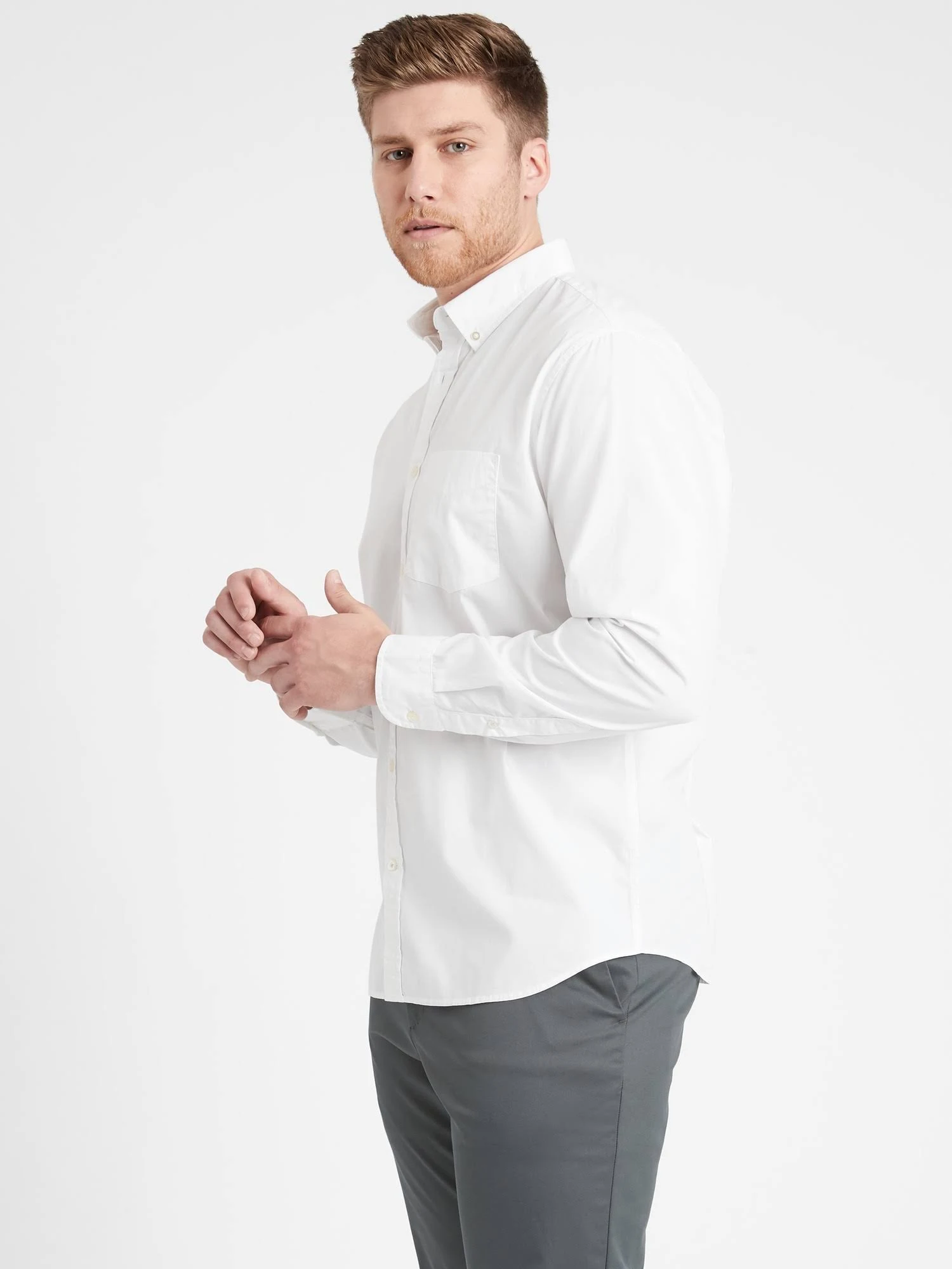 Banana Republic Men's Untucked Slim-Fit Organic Luxe Poplin Shirt White Size L