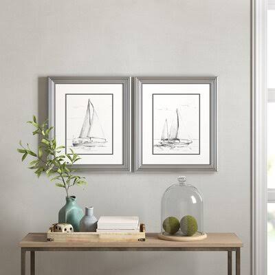 &Coastal Boat Sketch& 2 Piece Picture Frame Print Set