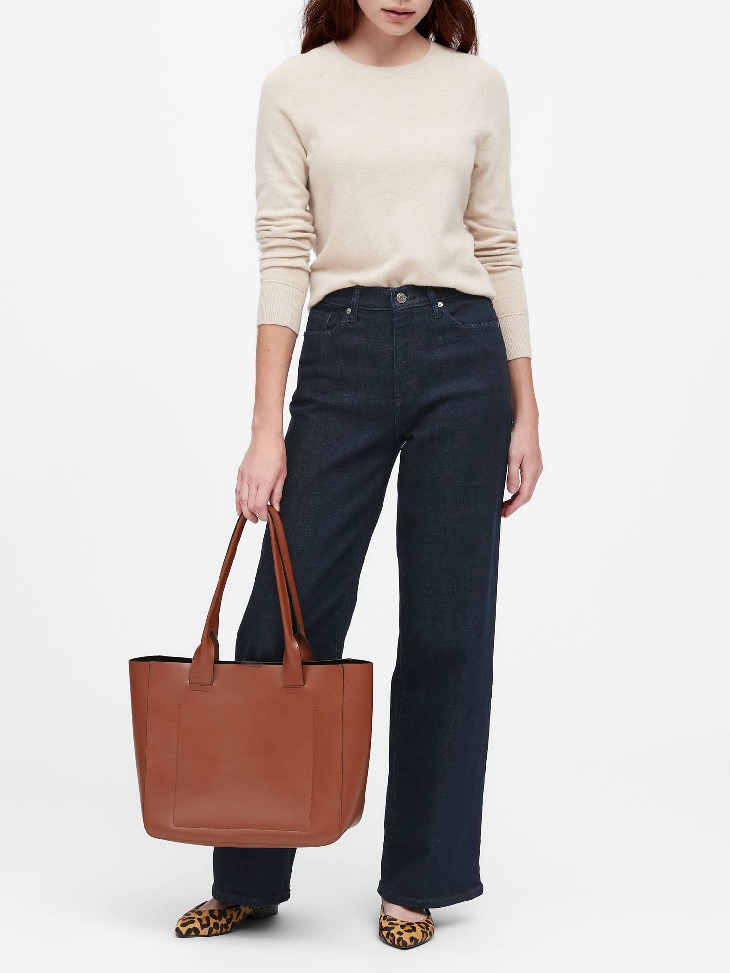 Banana Republic Women's Leather Large East-West Tote Cognac with Black Interior Size One Size