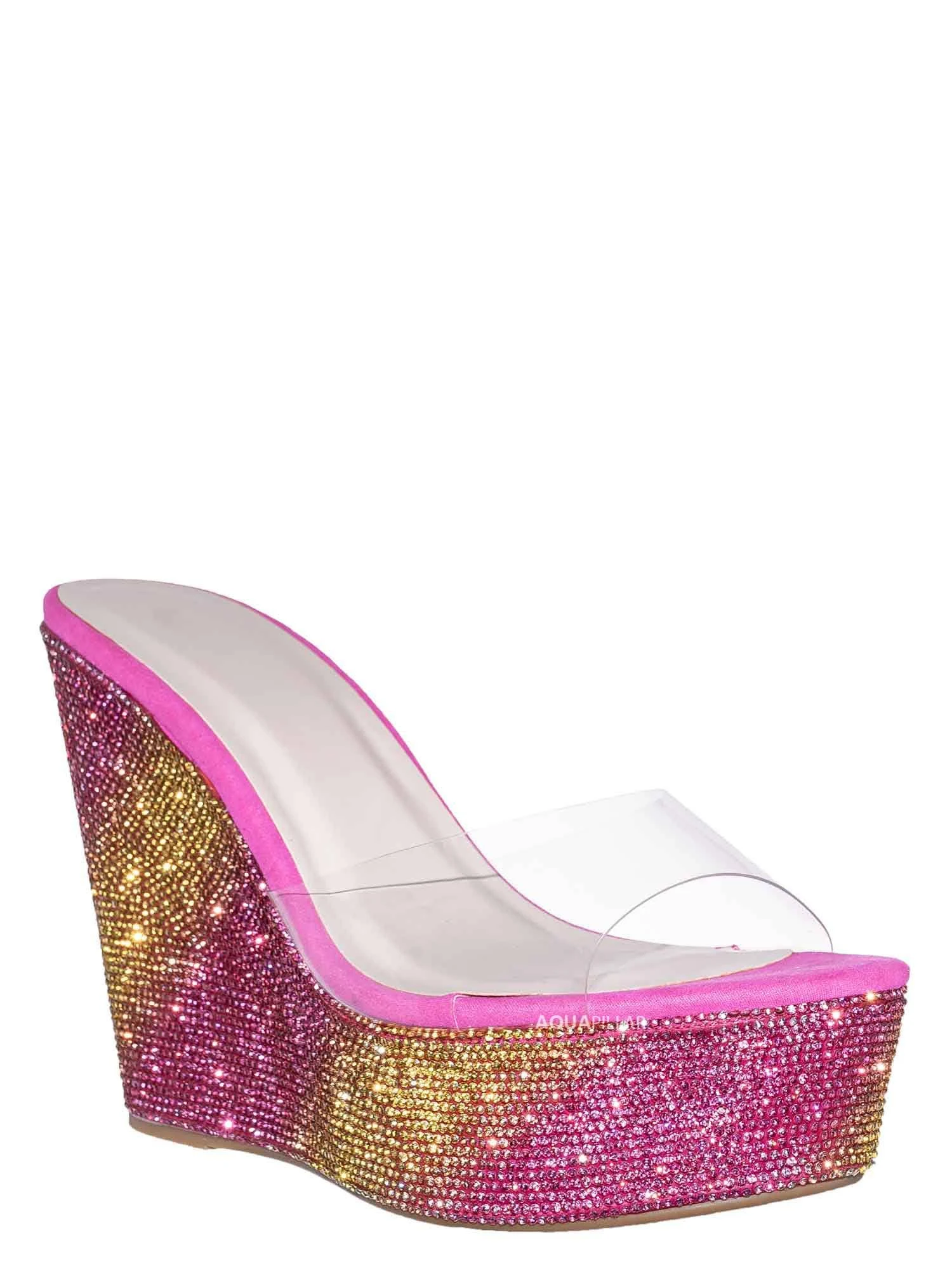 Bamboo Lucite Rhinestone Platform Wedge - Clear Transparent Slipper Sandal, Pink and Yellow