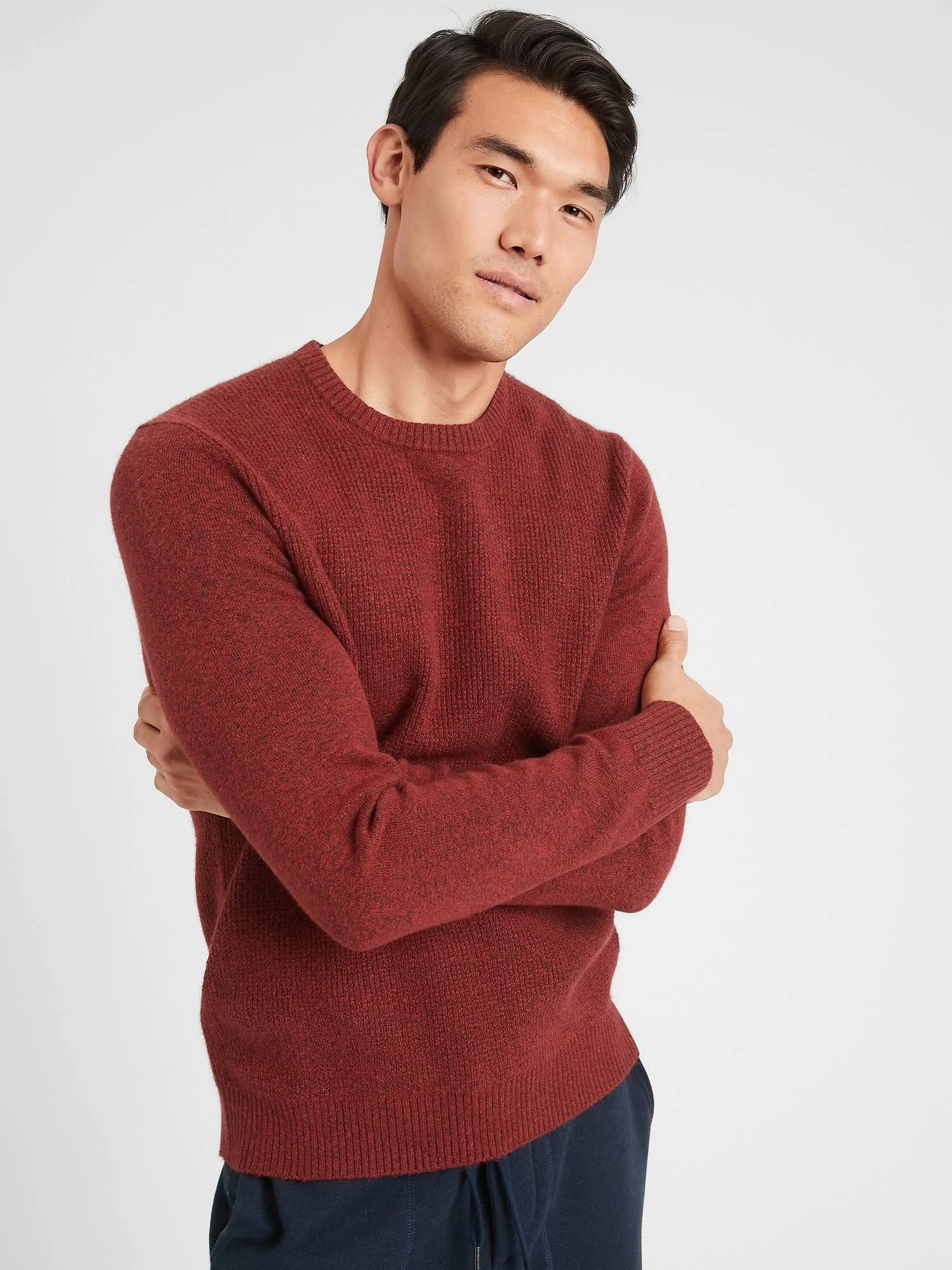 Men's Cozy Waffle Crew-Neck Sweater Red Heather