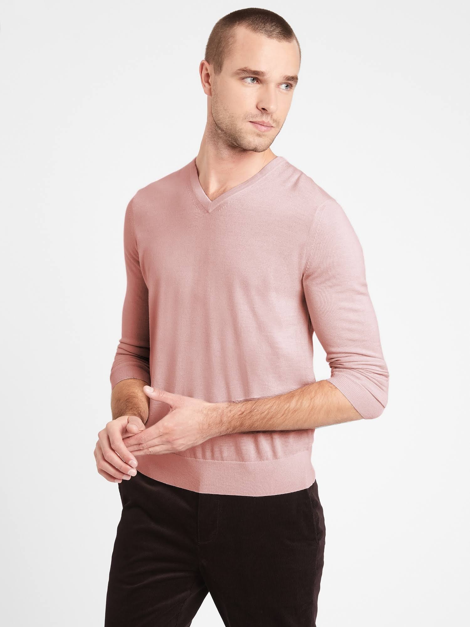 Banana Republic Men's Merino V-Neck Sweater in Responsible Wool Pink Heather Tall Size XXL