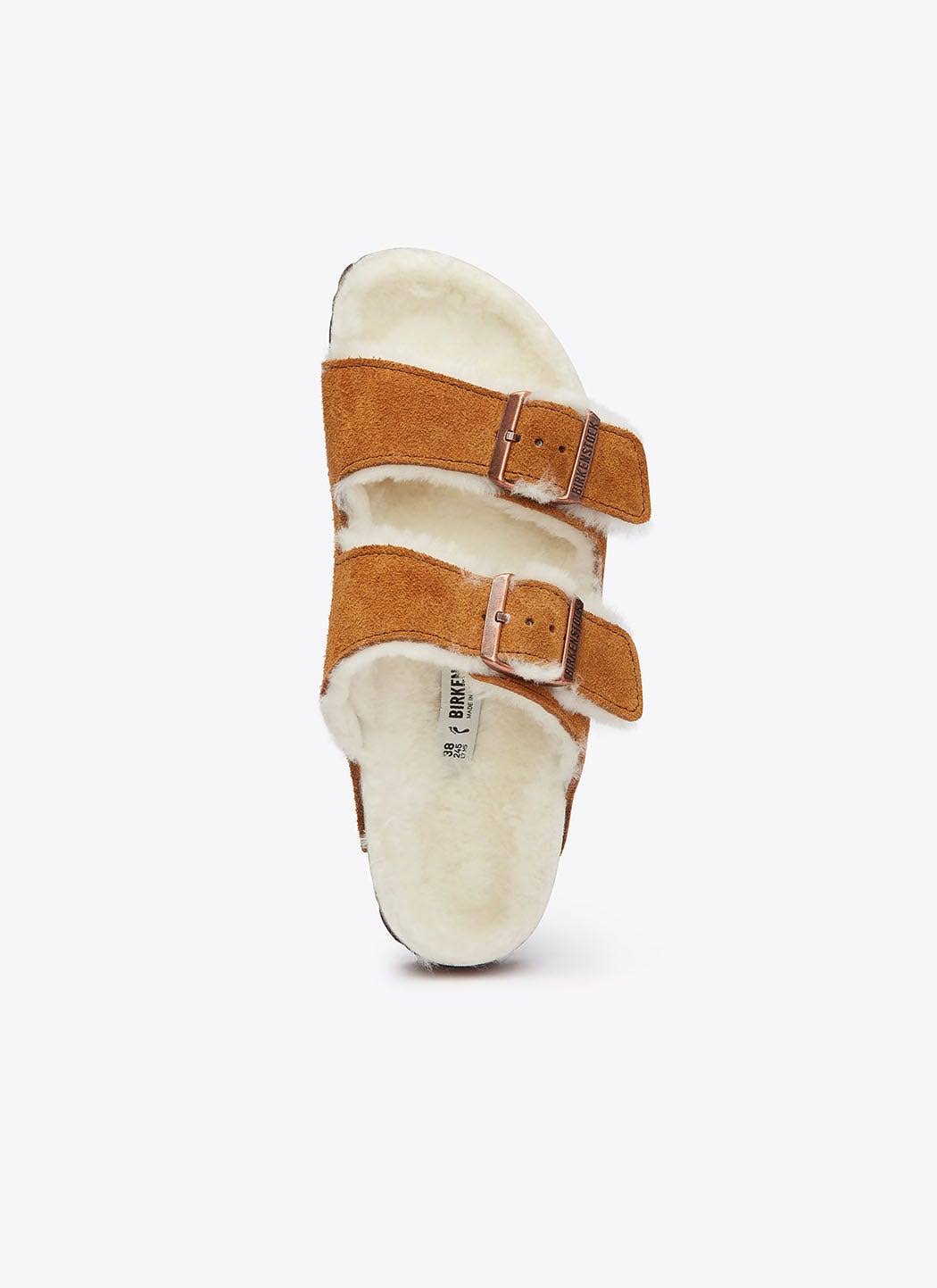 Birkenstock Arizona Suede Leather Mink Shearling Two-Strap Sandals - Size 8