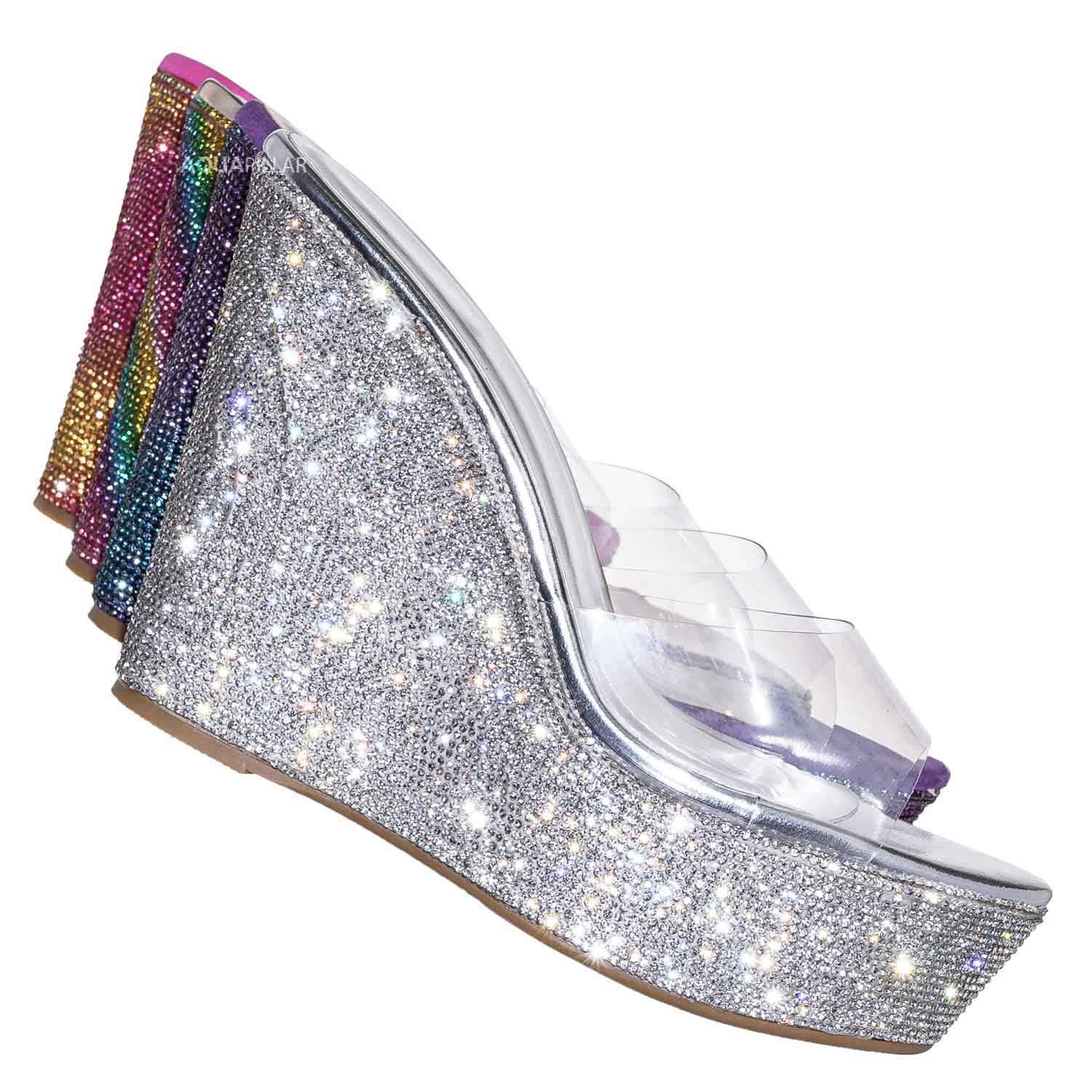 Bamboo Lucite Rhinestone Platform Wedge - Clear Transparent Slipper Sandal, Clear Silver