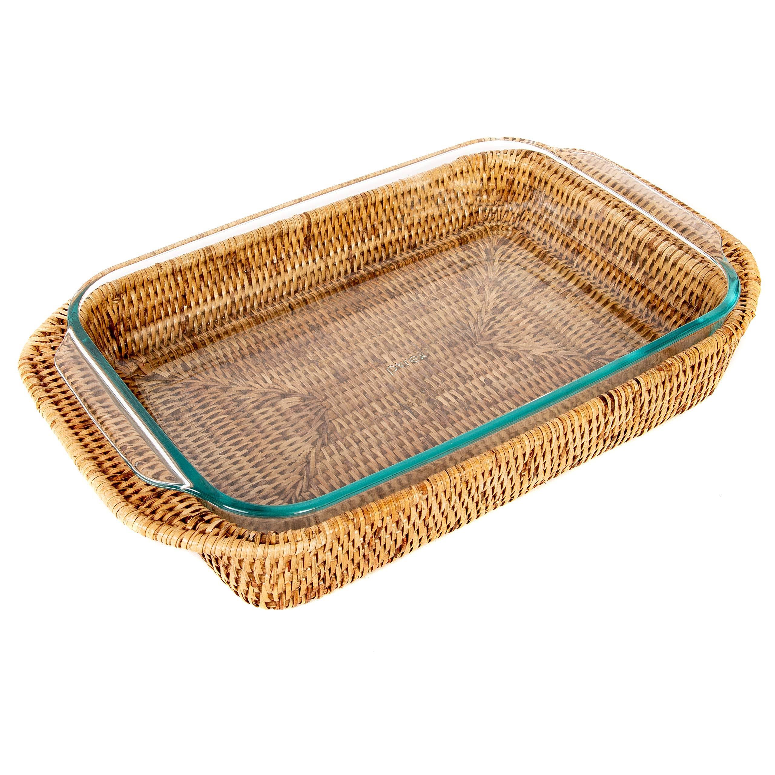 Artifacts Trading Rattan Rectangular Baker Basket with Pyrex Included Size: 15x22 x 10x22 x 2