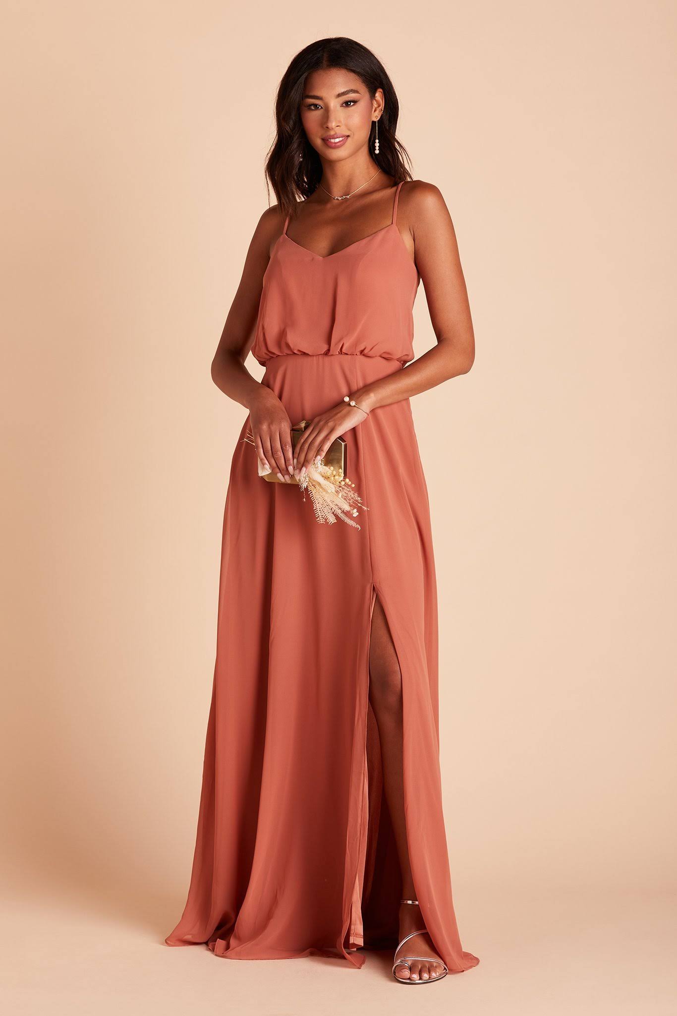 Birdy Grey Gwennie Chiffon Bridesmaid Dress in Terracotta S / Terracotta / No Slit