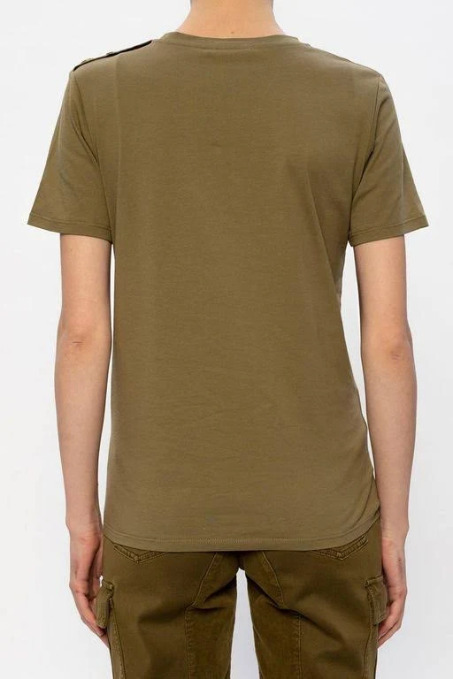 Balmain 3-Button Flocked Logo T-Shirt, Khaki, Women's, XL
