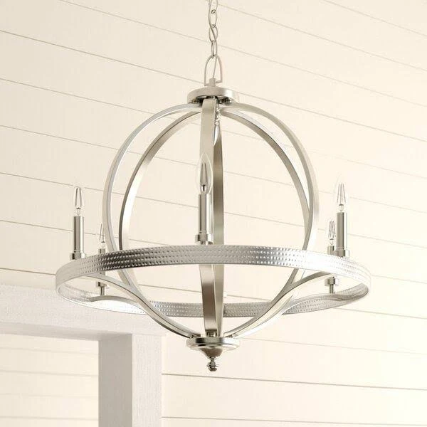 Bender 6 - Light Candle Style Wagon Wheel Chandelier with Wood Accents - Polished Nickel