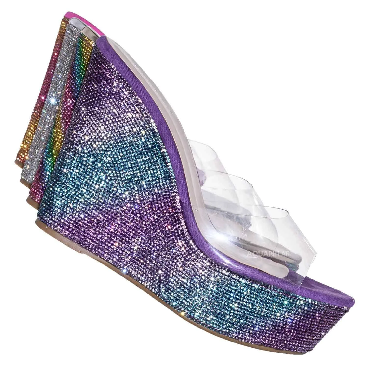 Bamboo Lucite Rhinestone Platform Wedge - Clear Transparent Slipper Sandal, Peach Purple