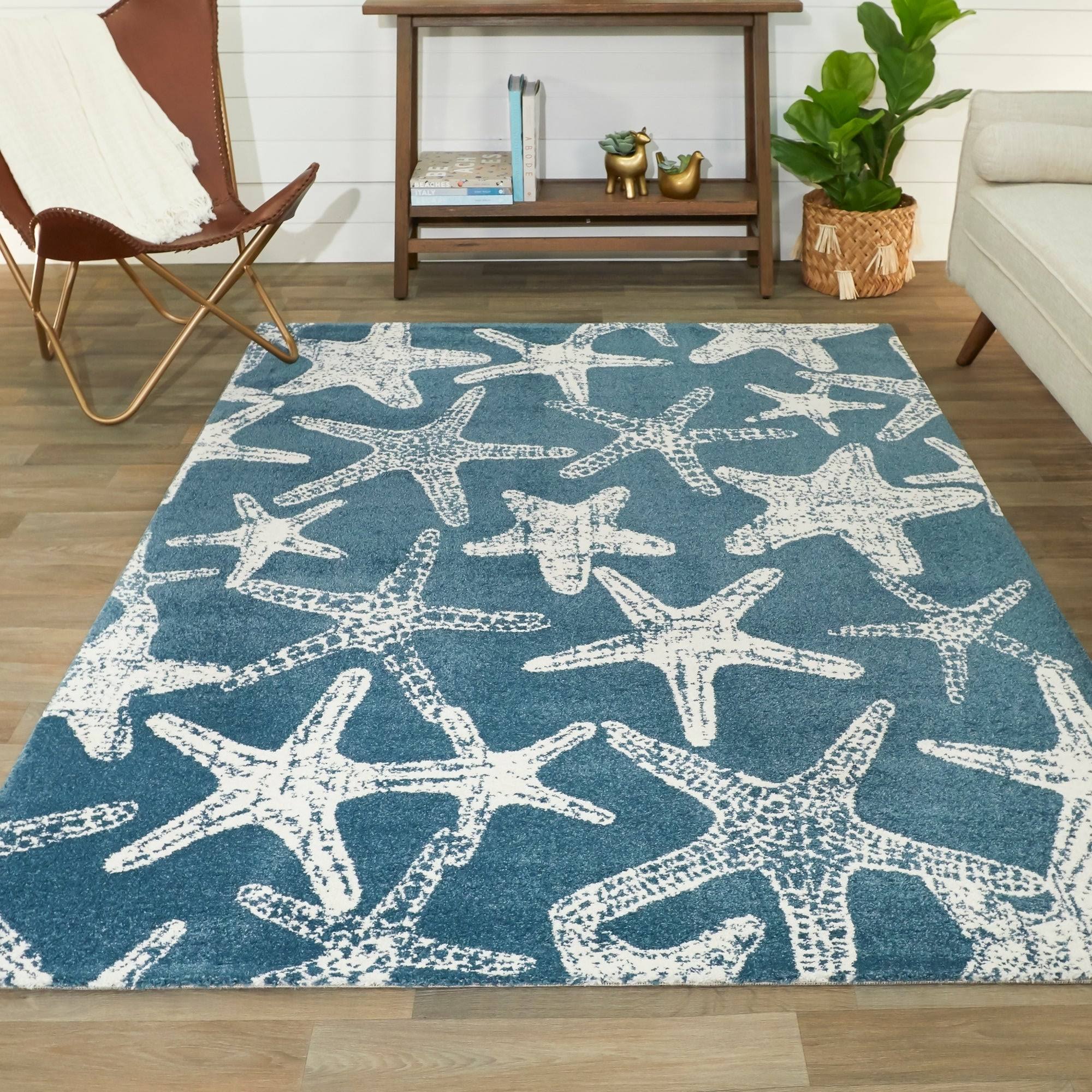 Leyton Nautical Starfish Coastal Area Rug - Runner 2&7x22 x 7& - Blue/White